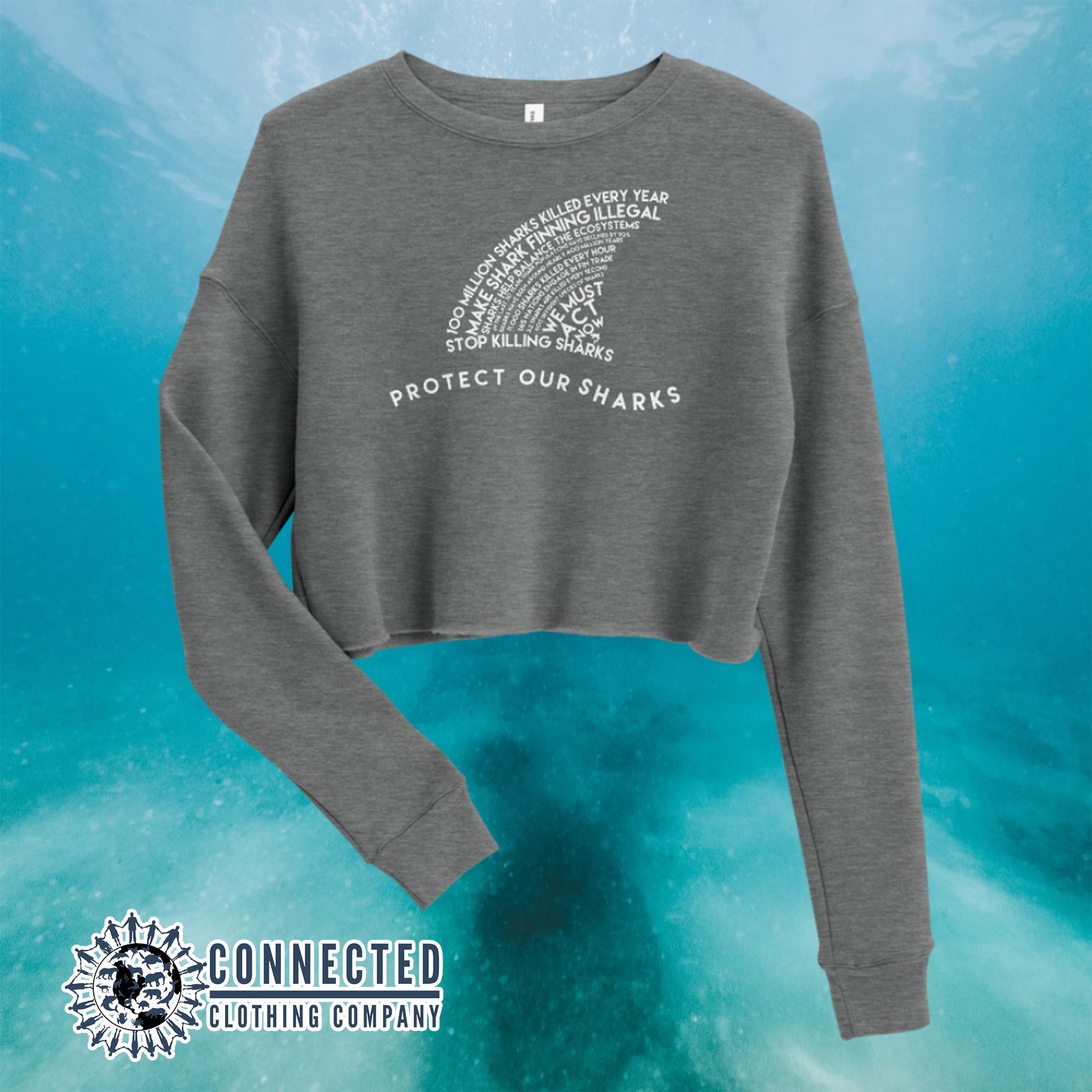 Deep Heather Protect Our Sharks Crop Sweatshirt - sweetsherriloudesigns - Ethically and Sustainably Made - 10% of profits donated to shark conservation and ocean conservation