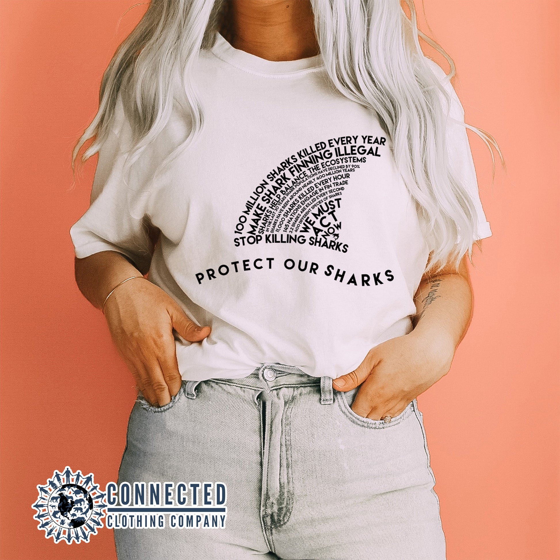 White Protect Our Sharks Short-Sleeve Tees - getpinkfit - Ethically and Sustainably Made - 10% of profits donated to shark conservation and ocean conservation
