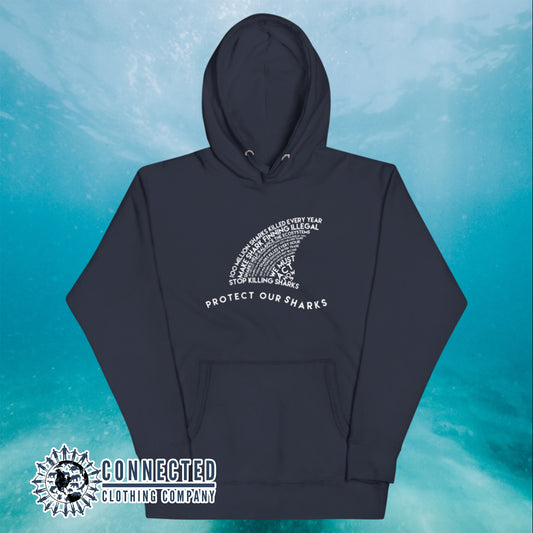 Navy Protect Our Sharks Unisex Hoodie - sweetsherriloudesigns - Ethically and Sustainably Made - 10% donated to Oceana shark conservation