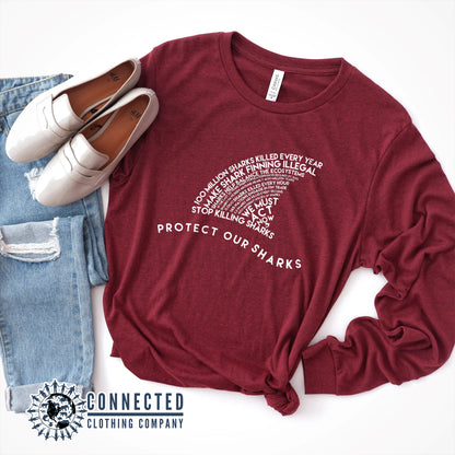 Cardinal Red Protect Our Sharks Long-Sleeve Tee - sweetsherriloudesigns - Ethically and Sustainably Made - 10% donated to Oceana shark conservation