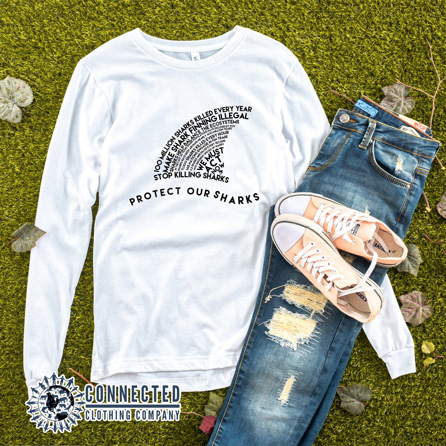 White Protect Our Sharks Long-Sleeve Tee - sweetsherriloudesigns - Ethically and Sustainably Made - 10% donated to Oceana shark conservation