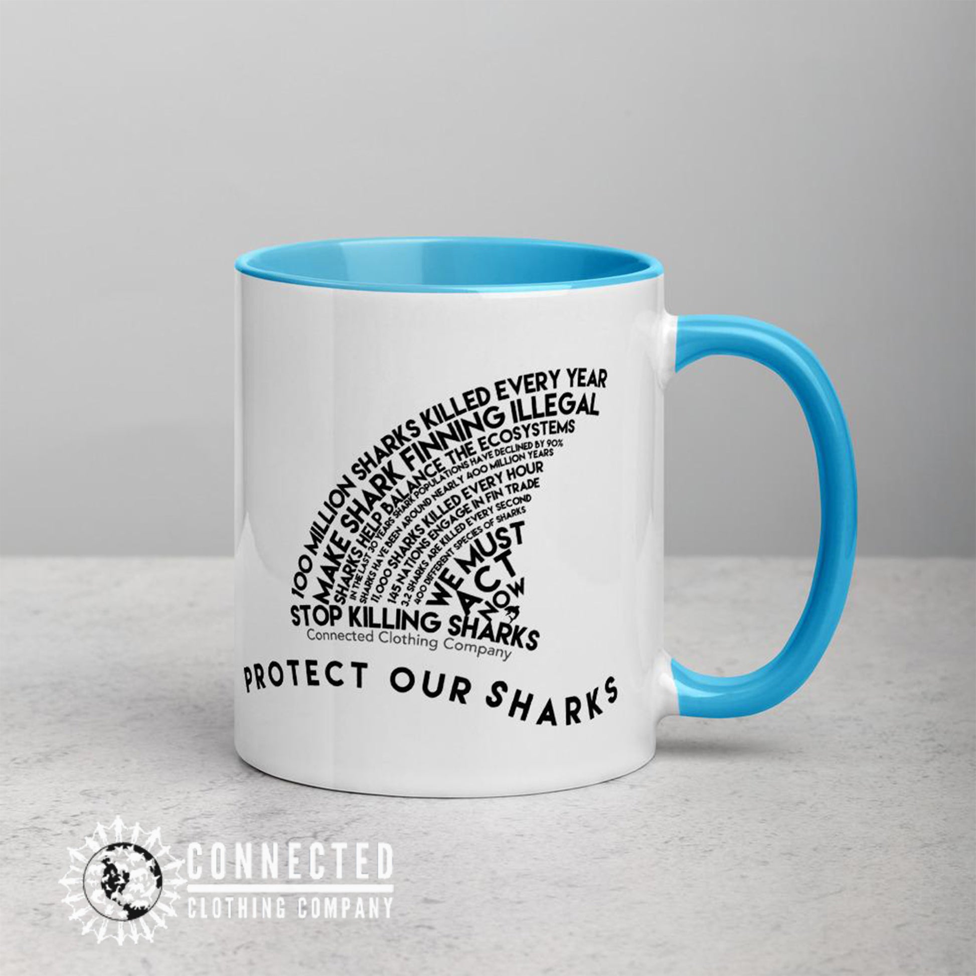 Left Side of Protect Our Sharks Mug With Blue Coloring on Inside, Rim, and Handle - sweetsherriloudesigns - Ethically and Sustainably Made - 10% donated to Oceana shark conservation