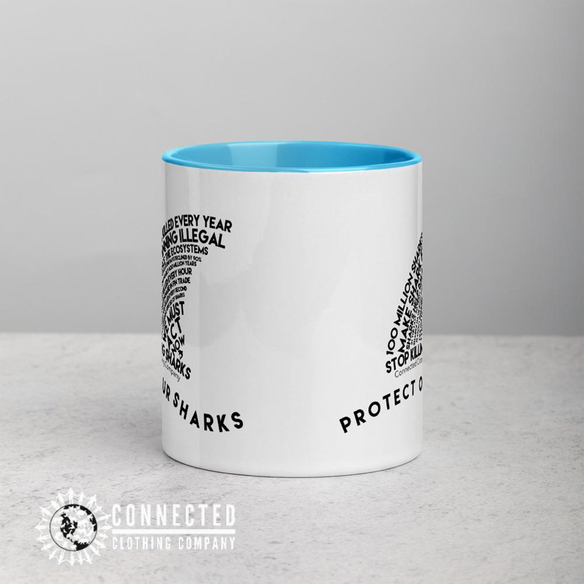 Front Side of Protect Our Sharks Mug With Blue Coloring on Inside, Rim, and Handle - sweetsherriloudesigns - Ethically and Sustainably Made - 10% donated to Oceana shark conservation