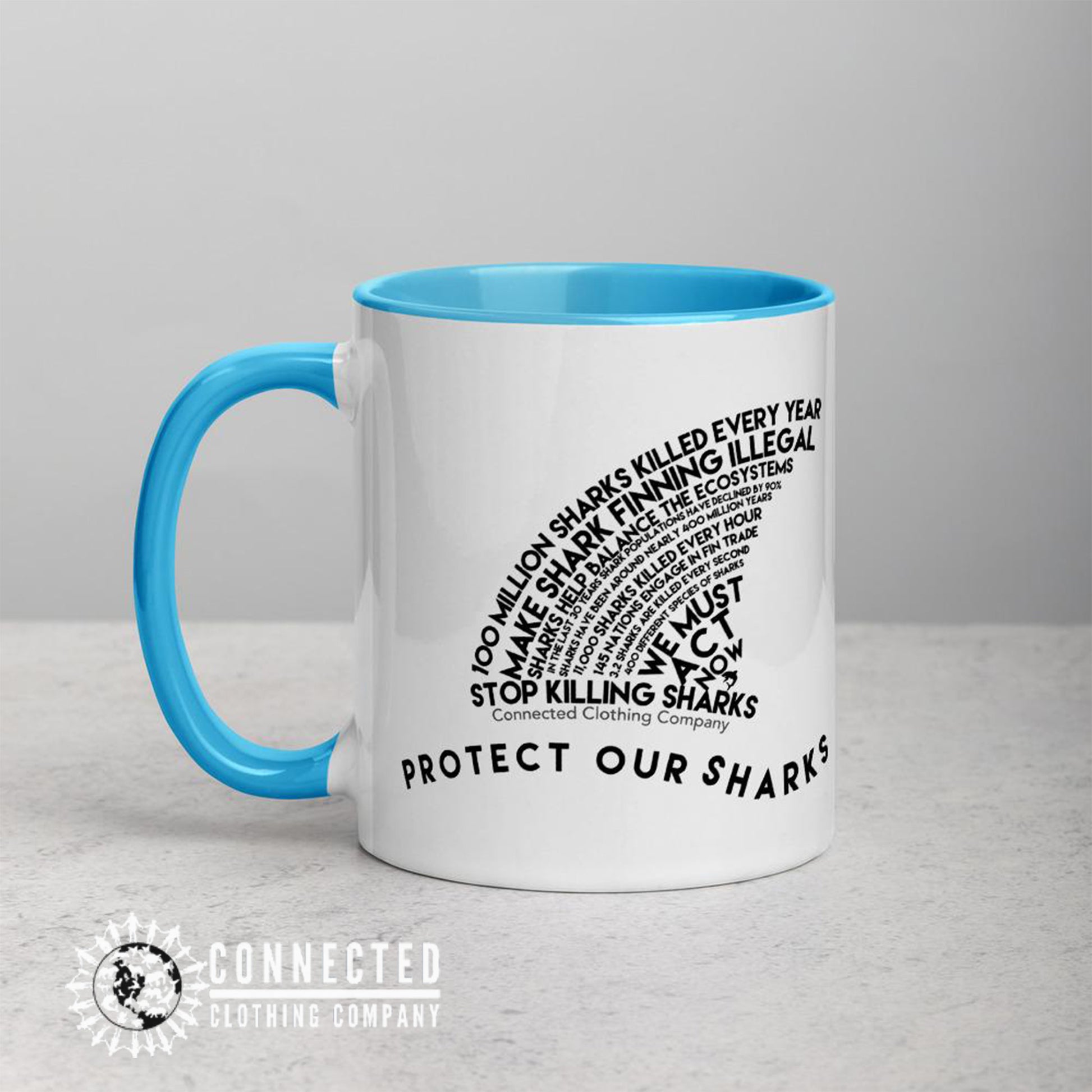 Right Side of Protect Our Sharks Mug With Blue Coloring on Inside, Rim, and Handle - sweetsherriloudesigns - Ethically and Sustainably Made - 10% donated to Oceana shark conservation