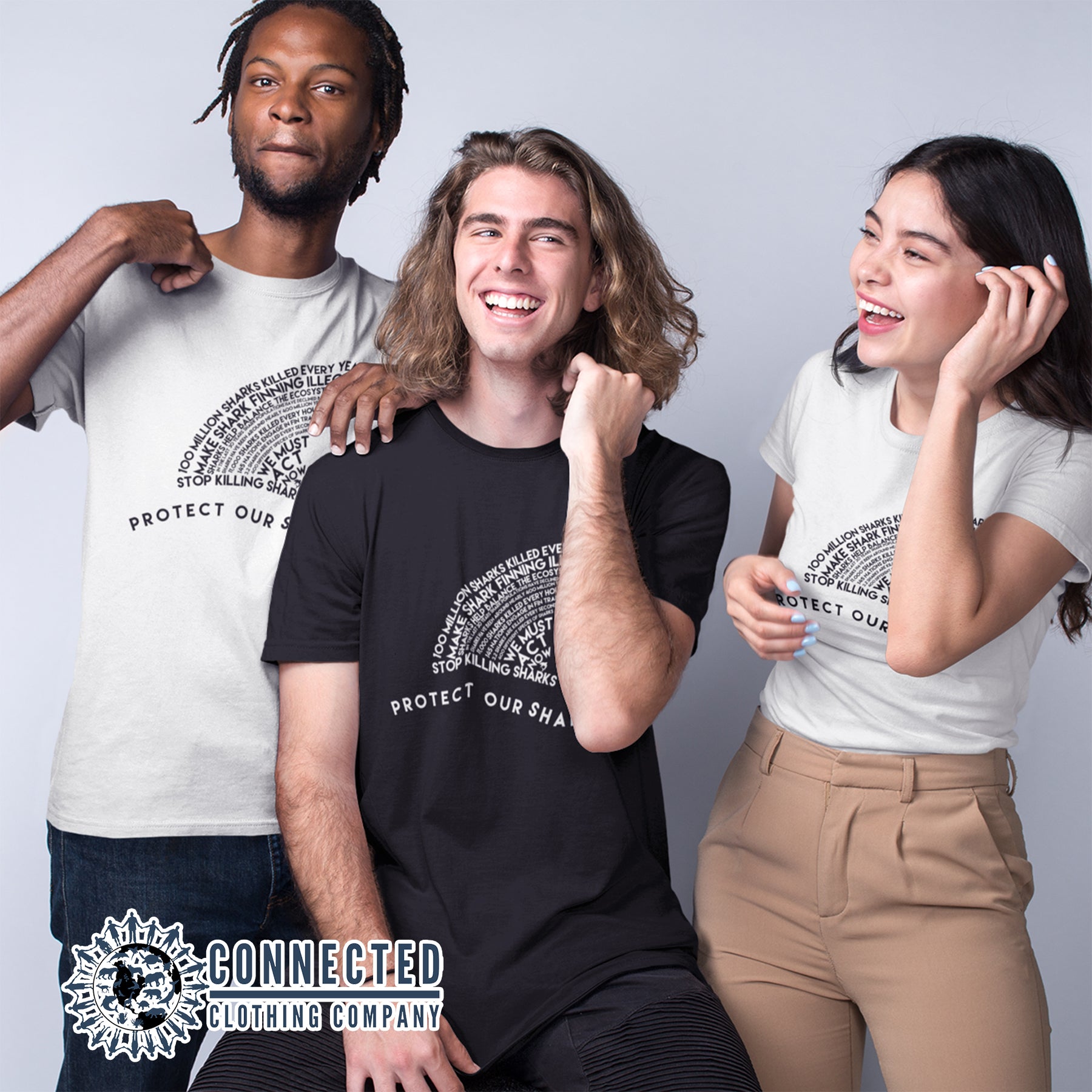 Black and White Protect Our Sharks Short-Sleeve Tees - getpinkfit - Ethically and Sustainably Made - 10% of profits donated to shark conservation and ocean conservation