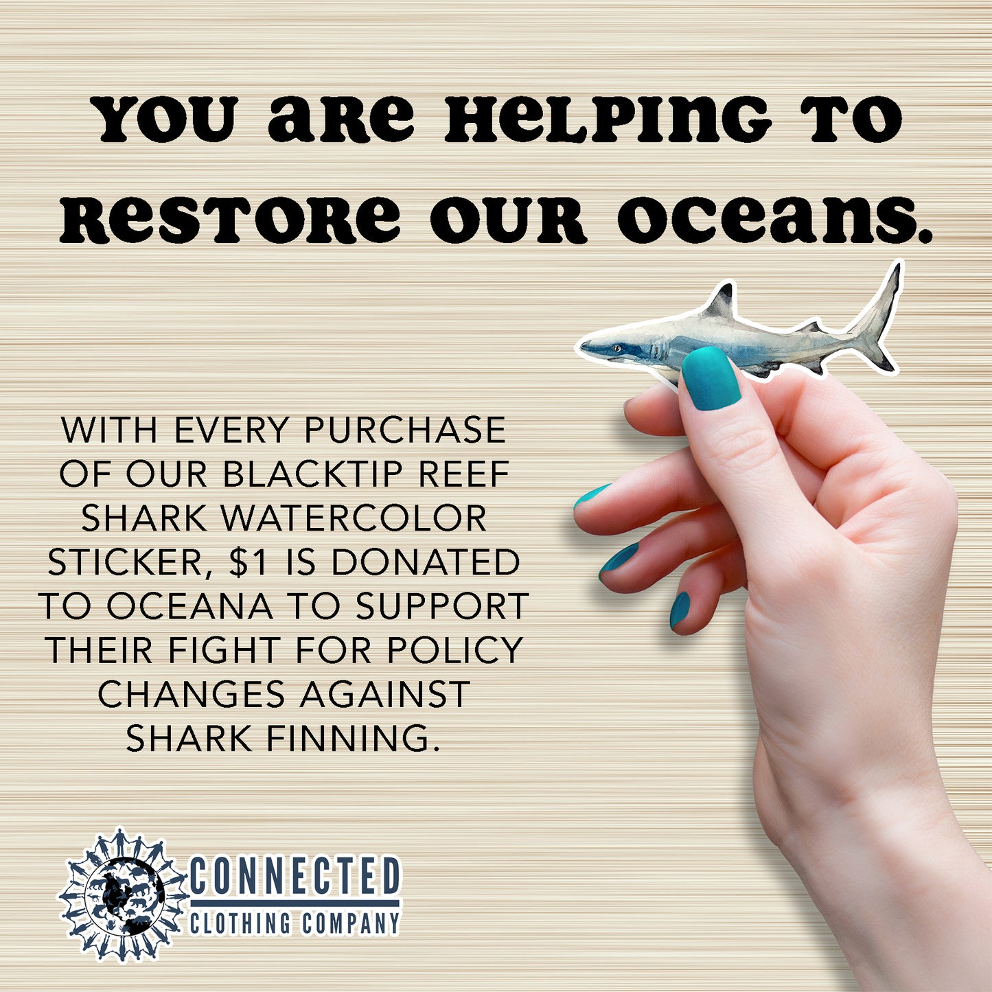 Hand Holding Reef Shark Watercolor Sticker - "You are helping to restore our oceans. With every purchase of our blacktip reef shark watercolor sticker, $1 is donated to oceana to support their fight for policy changes against shark finning." - sweetsherriloudesigns - Ethical and Sustainable Apparel - portion of profits donated to shark conservation