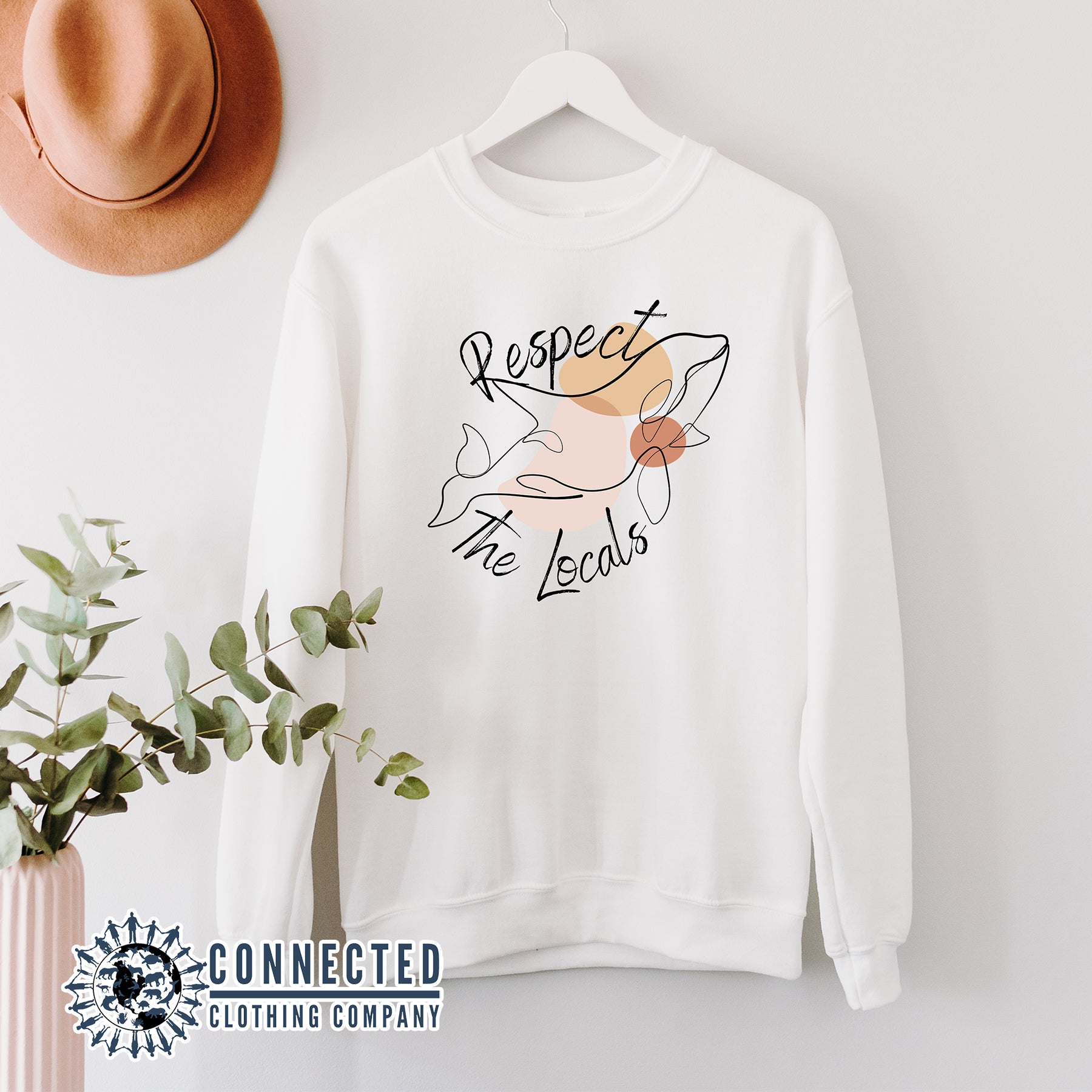 Hanging White Respect The Locals Orca Unisex Crewneck Sweatshirt - sweetsherriloudesigns - Ethically and Sustainably Made - 10% of profits donated to ocean conservation