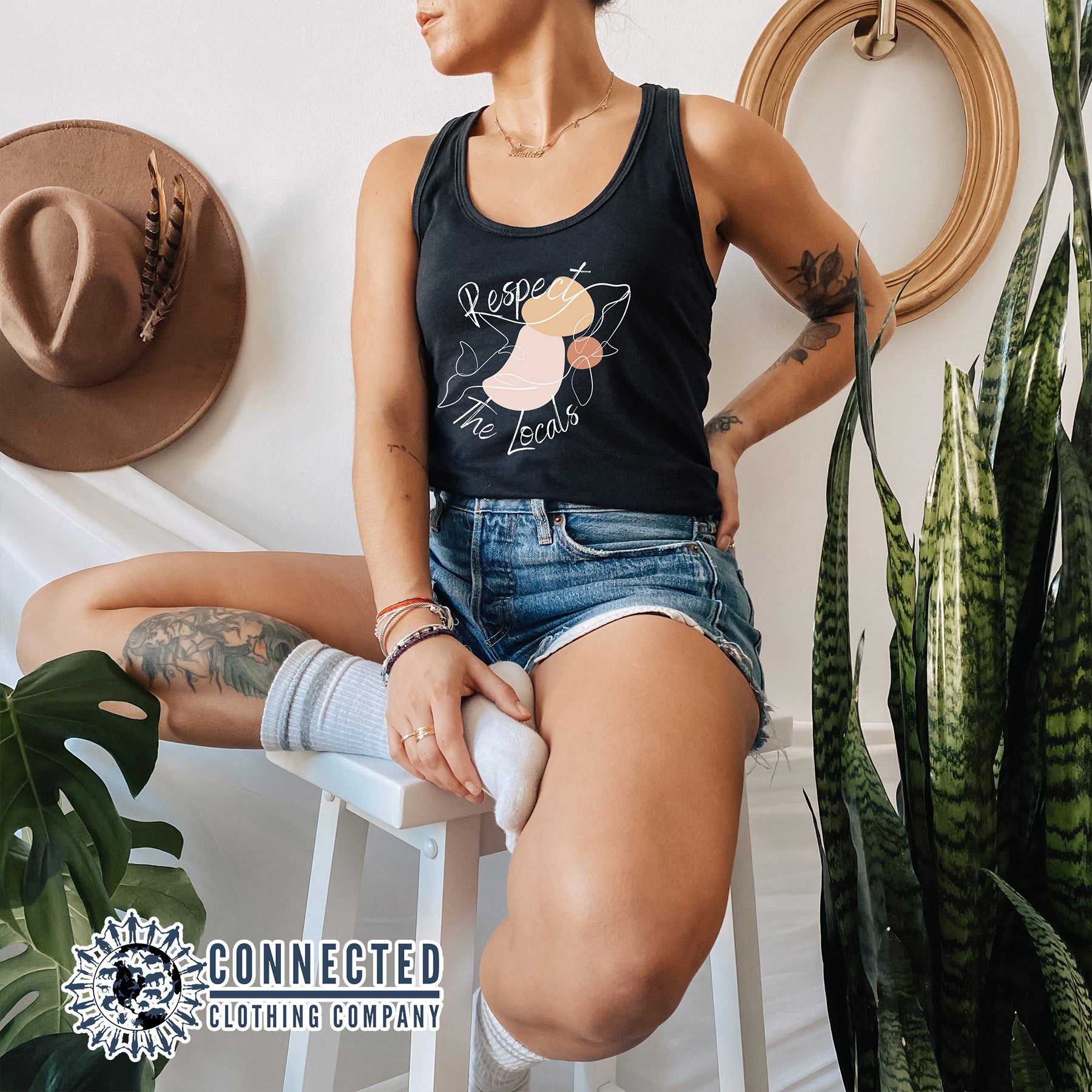 Model Wearing Black Respect The Locals Orca Women's Tank Top - sweetsherriloudesigns - Ethically and Sustainably Made - 10% of profits donated to Wild Orca killer whale conservation