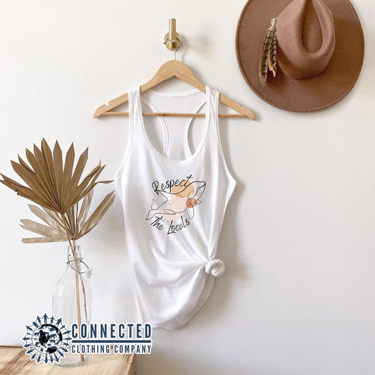 White Respect The Locals Orca Women's Tank Top - getpinkfit - Ethically and Sustainably Made - 10% of profits donated to Wild Orca killer whale conservation