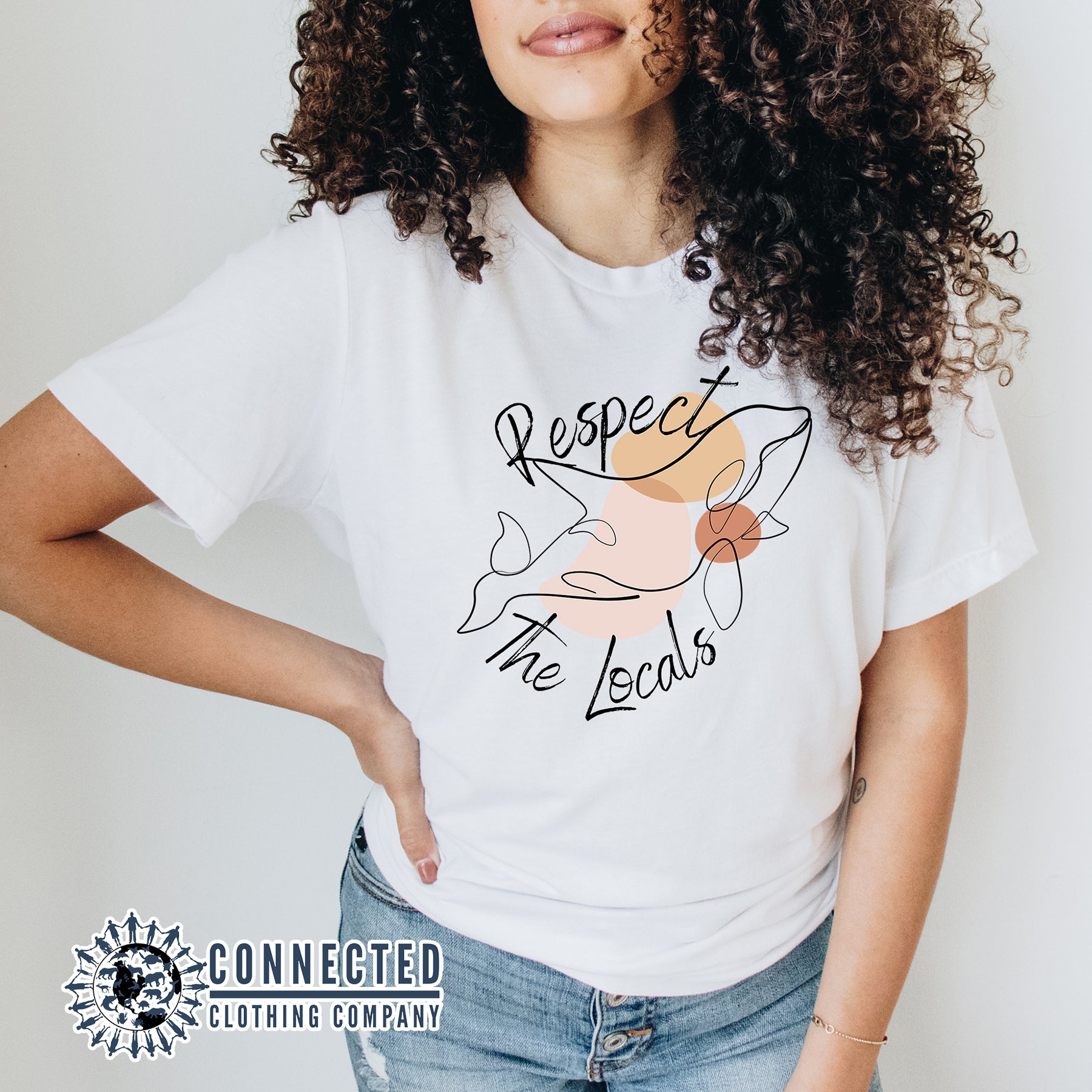 Model Wearing White Respect The Locals Orca Unisex Short-Sleeve Tee - sweetsherriloudesigns - Ethically and Sustainably Made - 10% of profits donated to orca conservation