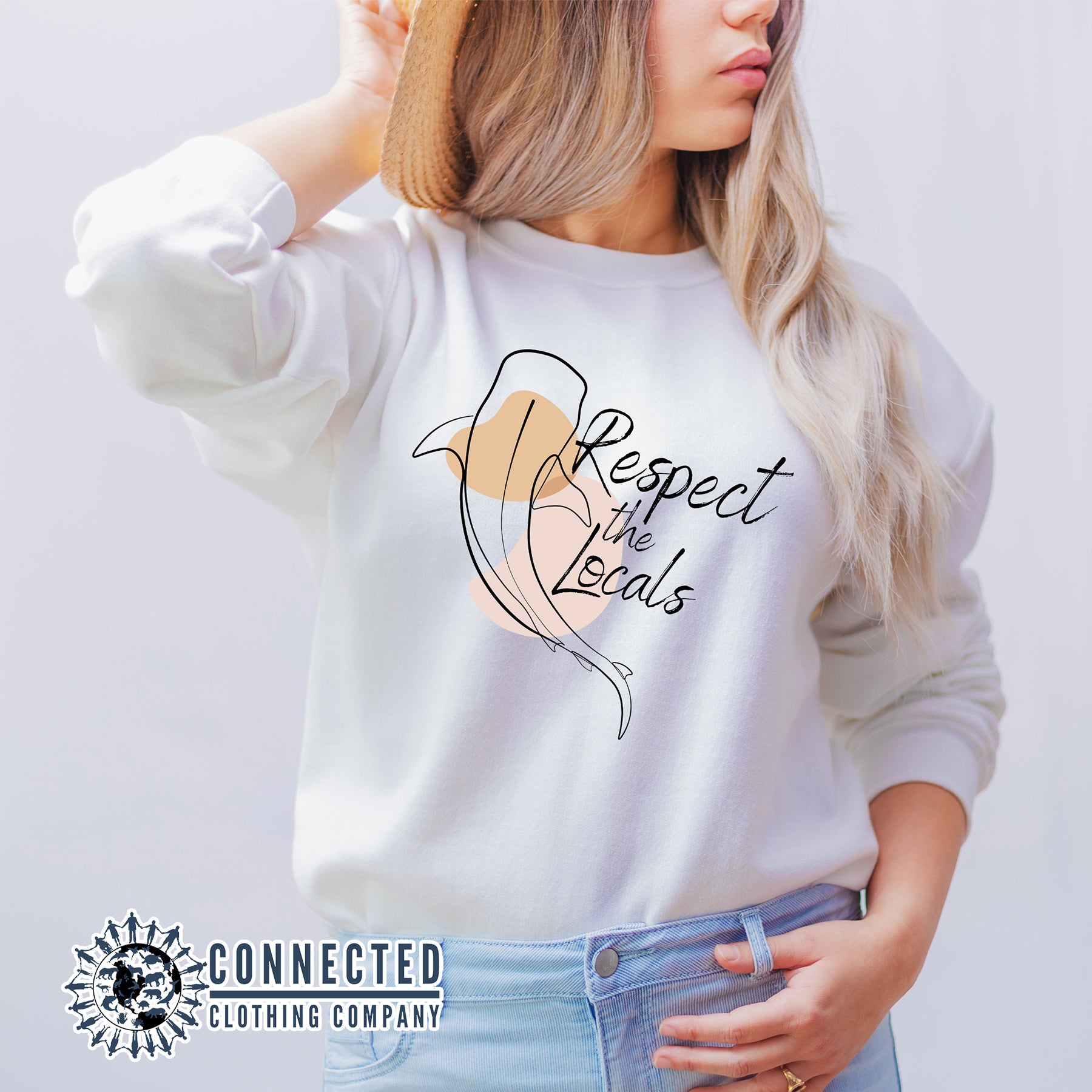 Model Wearing White Respect The Locals Whale Shark Unisex Crewneck Sweatshirt - sweetsherriloudesigns - Ethically and Sustainably Made - 10% of profits donated to shark conservation and ocean conservation