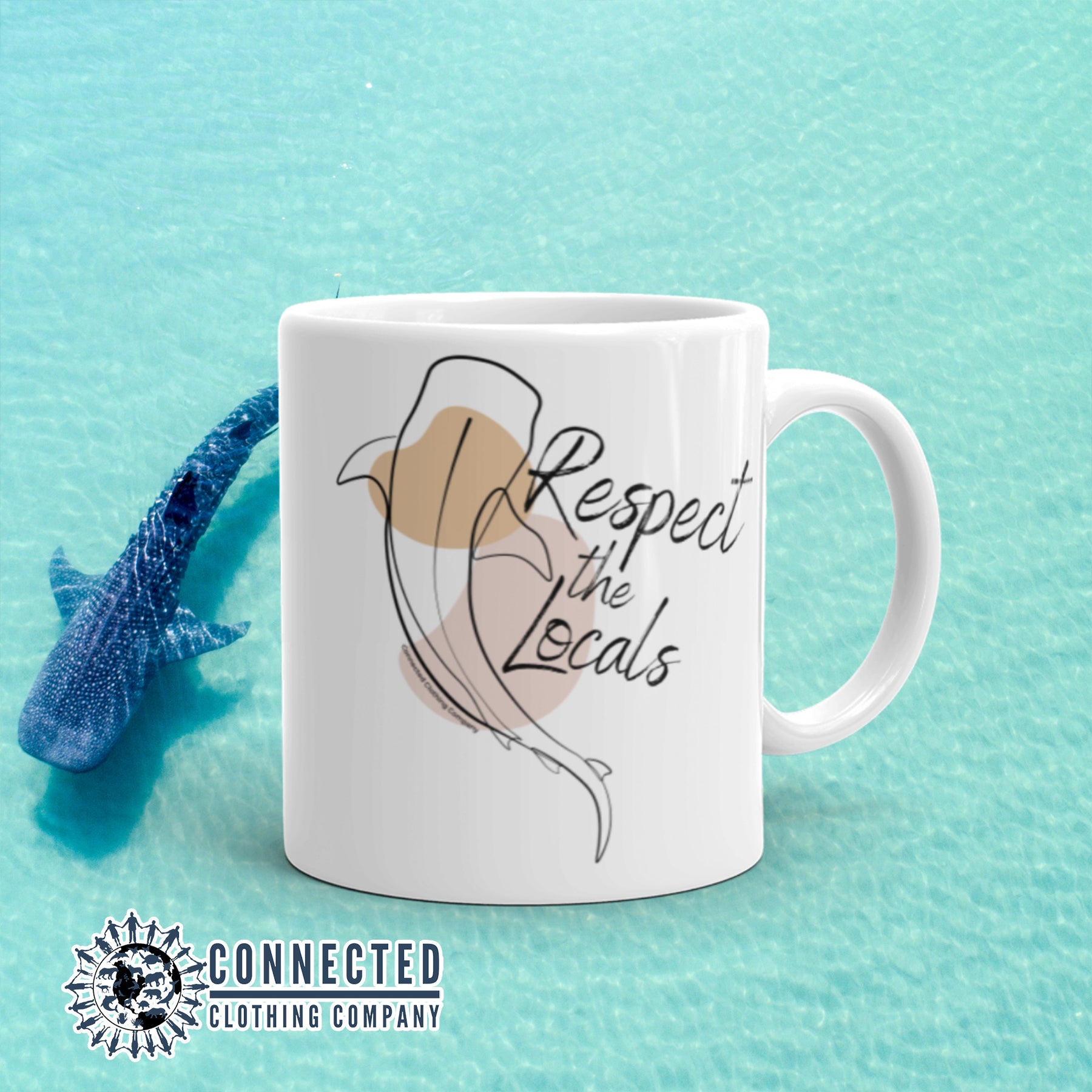 White Respect The Locals Whale Shark Classic Mug - sweetsherriloudesigns - Ethically and Sustainably Made - 10% of profits donated to shark conservation and ocean conservation