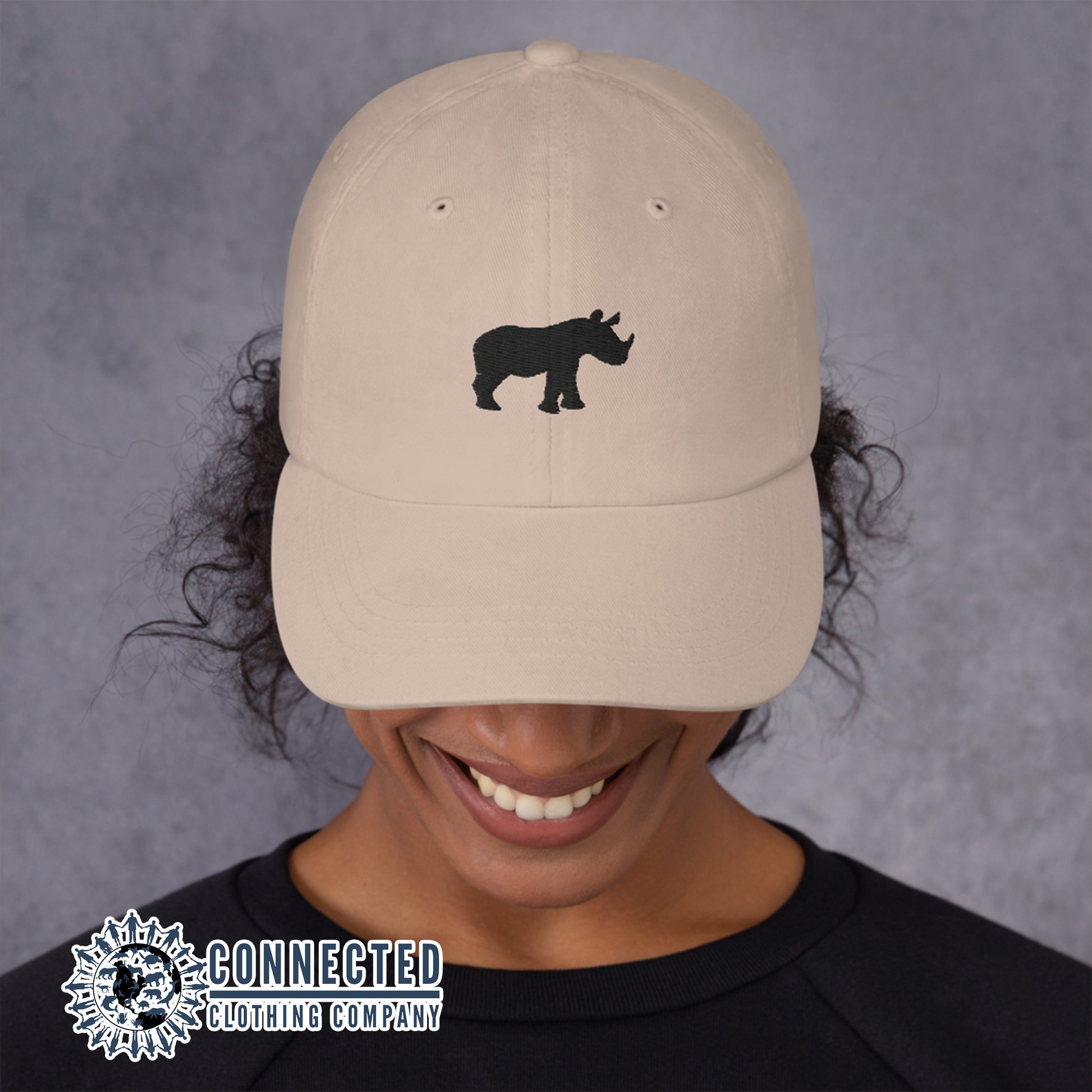 Model Wearing Stone Rhino Cotton Cap - architectconstructor - 10% of profits donated to Save The Rhino conservation