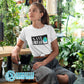 Model Wearing White Save Earth Short-Sleeve T-shirt - sweetsherriloudesigns - Ethically and Sustainably Made - 50% donated to WIRES Wildlife Rescue