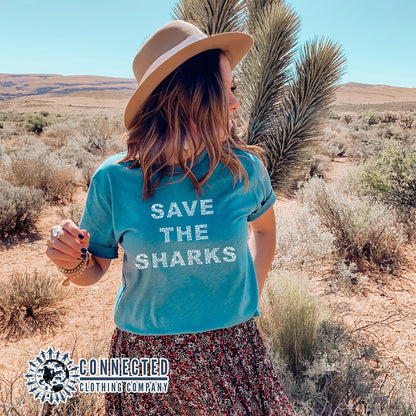 Aqua Blue Save The Sharks Short-Sleeve Unisex T-Shirt reads "Save The Sharks." - getpinkfit - Ethically and Sustainably Made - 10% donated to Oceana shark conservation