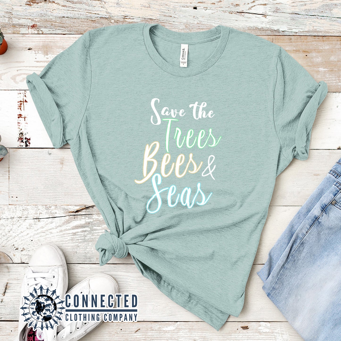 Heather Prism Dusty Blue Save The Trees Bees & Seas Short-Sleeve Tee - sweetsherriloudesigns - Ethically and Sustainably Made - 10% donated to ocean conservation
