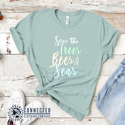 Heather Prism Dusty Blue Save The Trees Bees & Seas Short-Sleeve Tee - sweetsherriloudesigns - Ethically and Sustainably Made - 10% donated to ocean conservation