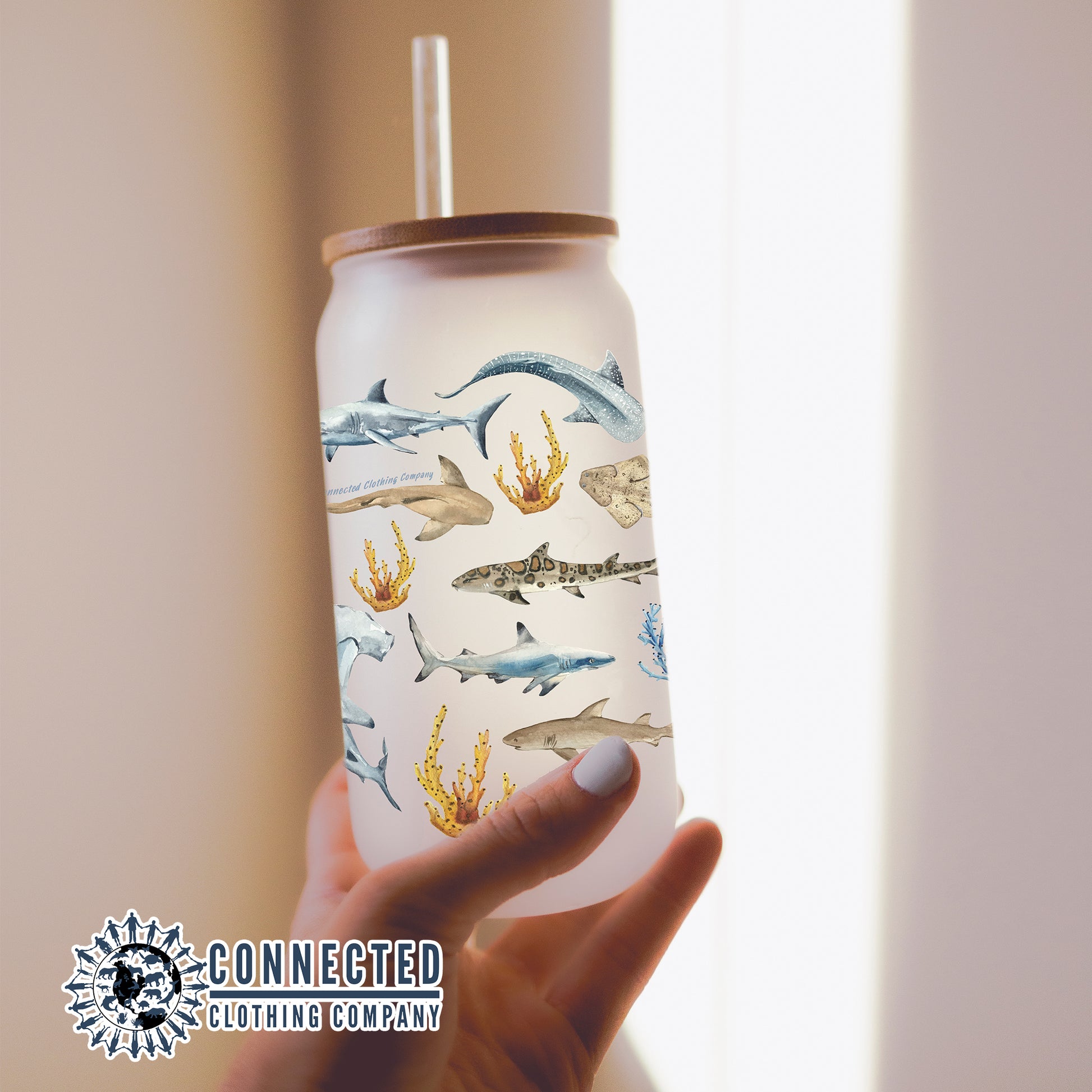 Shark Ocean Watercolor Glass Can - sweetsherriloudesigns -10% of proceeds donated to shark conservation
