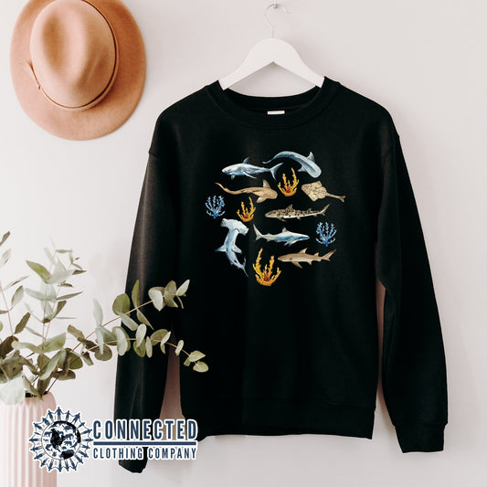 Hanging Black Shark Ocean Watercolor Unisex Crewneck Sweatshirt - sweetsherriloudesigns - Ethically and Sustainably Made - 10% of profits donated to shark conservation and ocean conservation