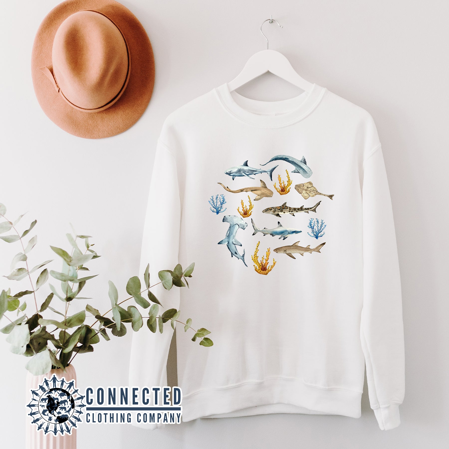 Hanging White Shark Ocean Watercolor Unisex Crewneck Sweatshirt - sweetsherriloudesigns - Ethically and Sustainably Made - 10% of profits donated to shark conservation and ocean conservation
