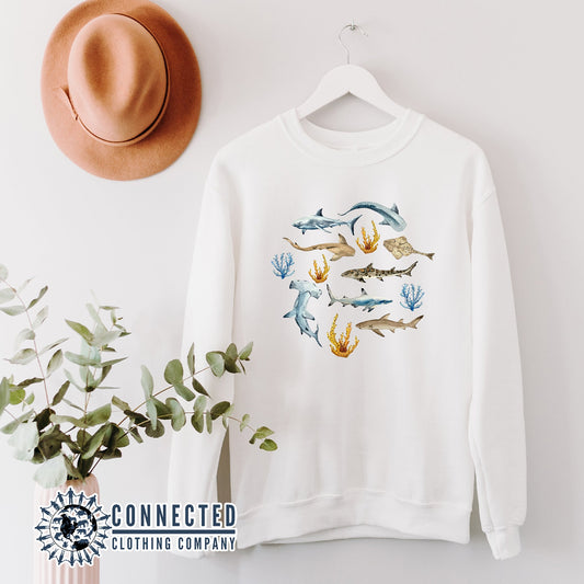 Hanging White Shark Ocean Watercolor Unisex Crewneck Sweatshirt - getpinkfit - Ethically and Sustainably Made - 10% of profits donated to shark conservation and ocean conservation