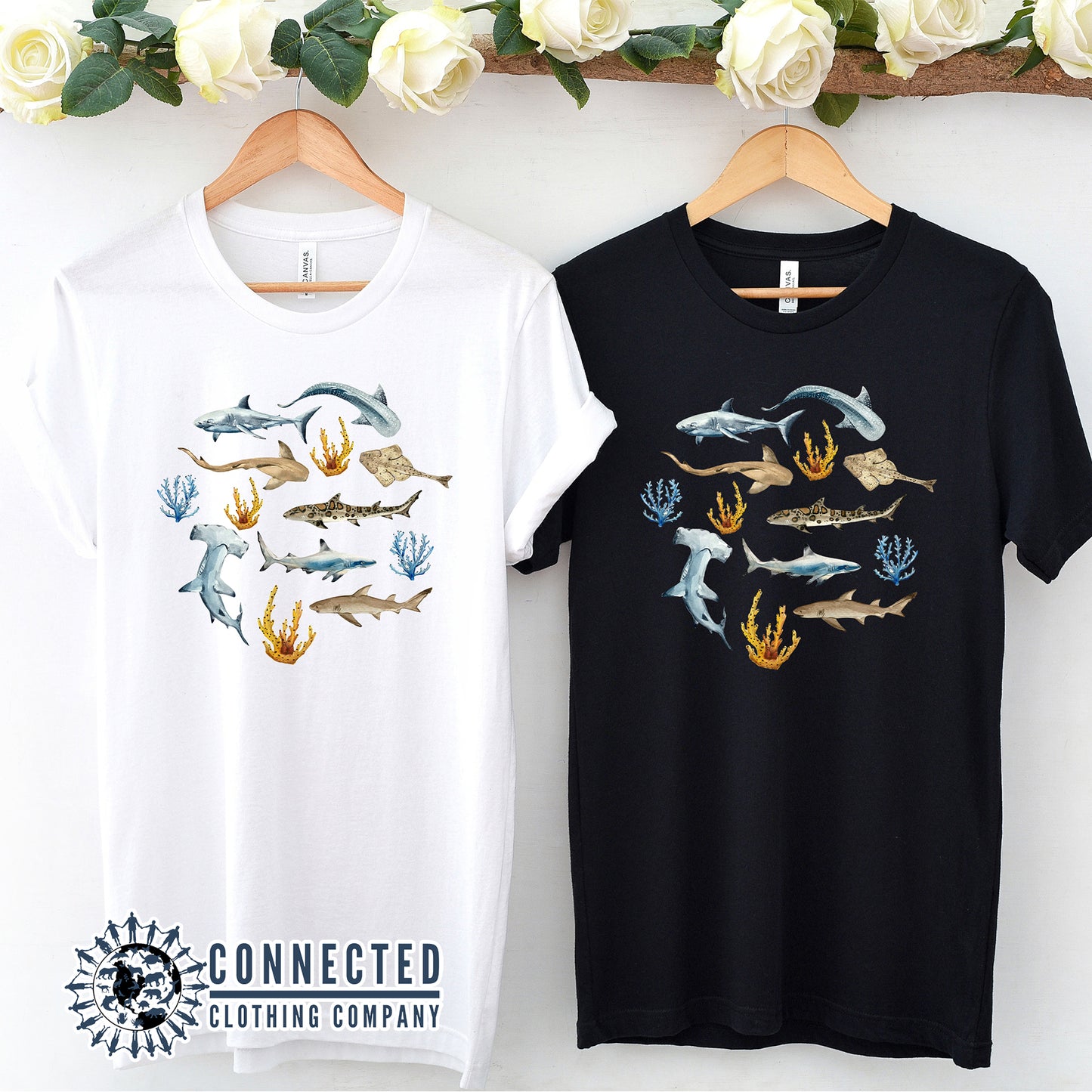 Hanging White and Black Shark Ocean Watercolor Unisex Short-Sleeve Tshirt - sweetsherriloudesigns - Ethically and Sustainably Made - 10% of profits donated to shark conservation and ocean conservation