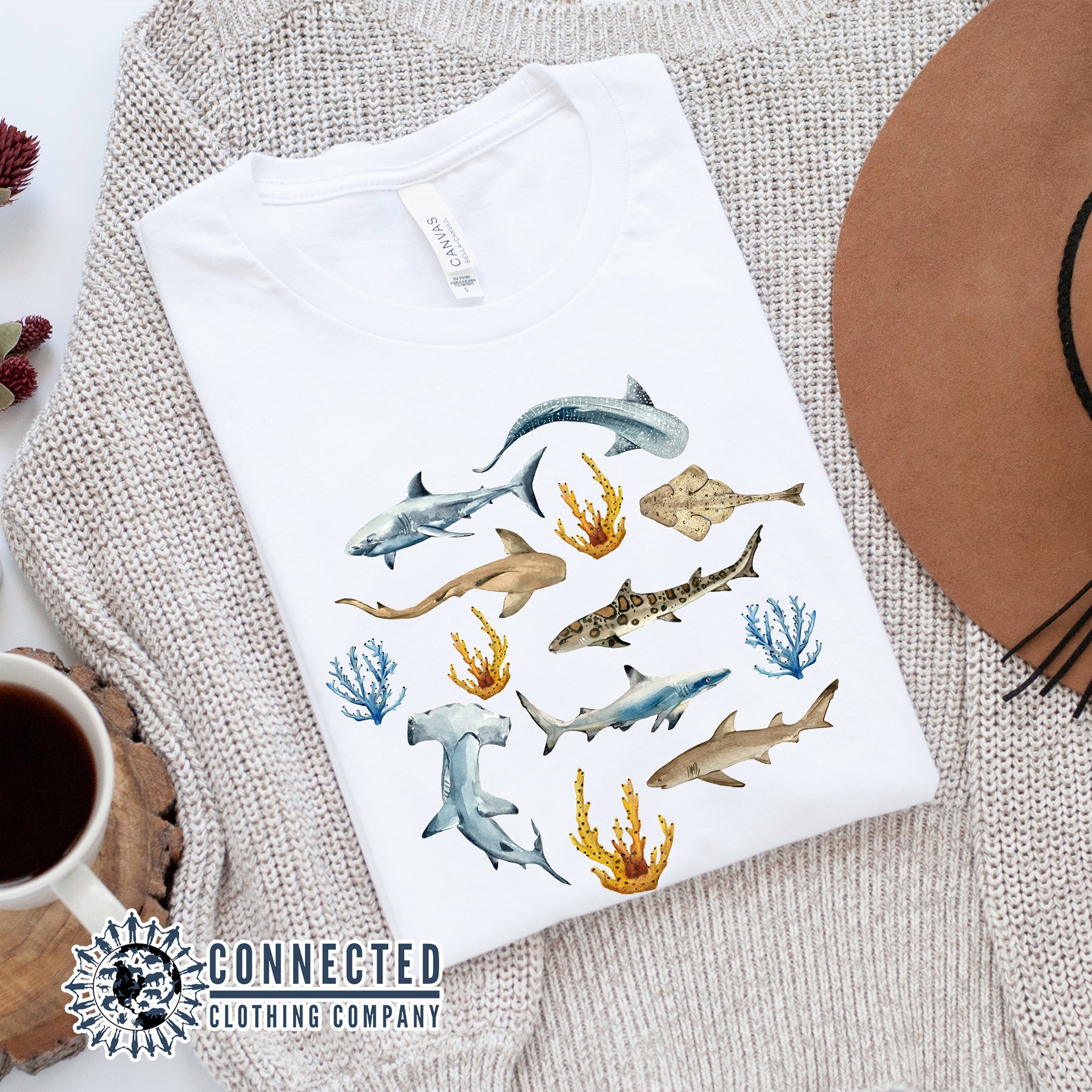 Folded White Shark Ocean Watercolor Unisex Short-Sleeve Tshirt - sweetsherriloudesigns - Ethically and Sustainably Made - 10% of profits donated to shark conservation and ocean conservation