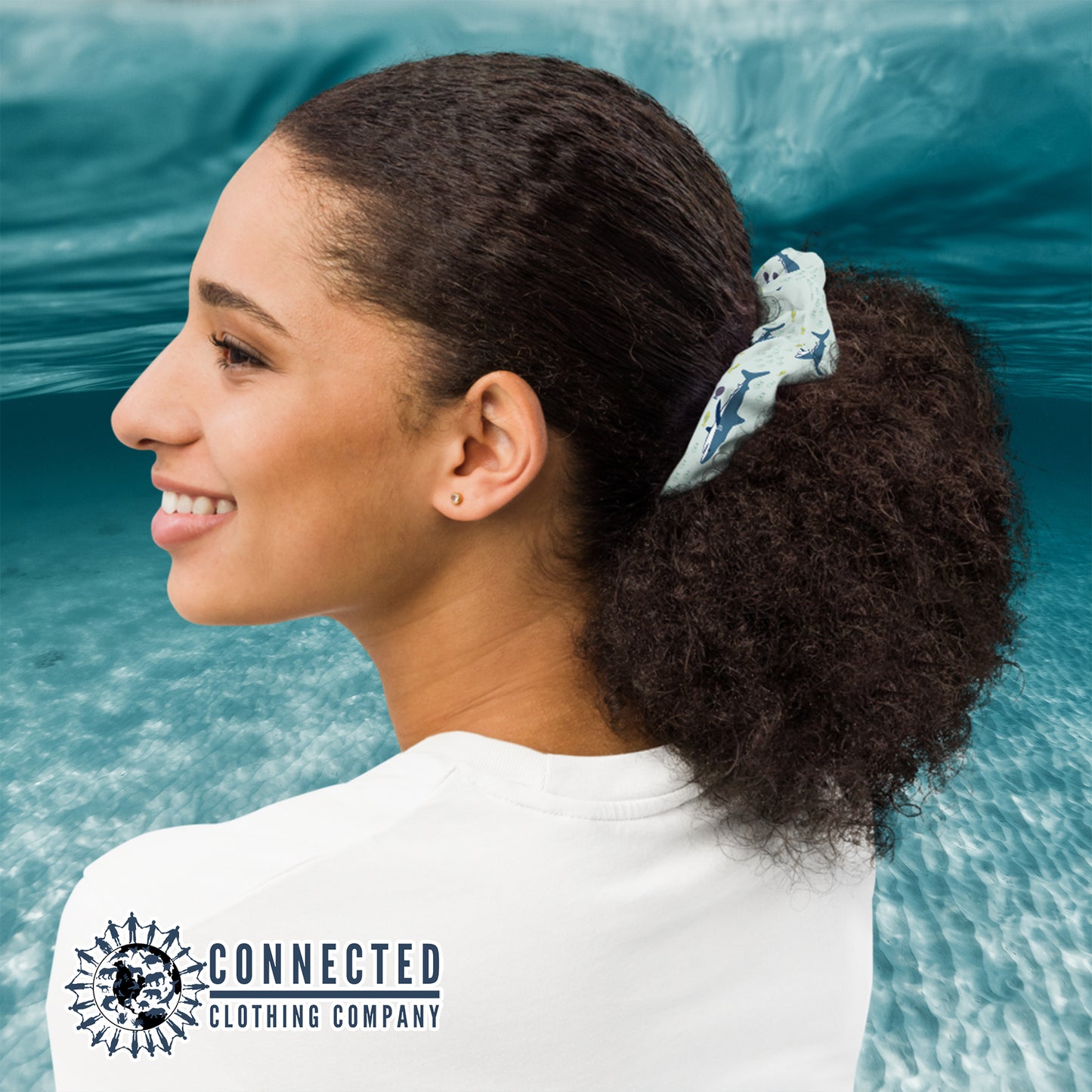 Model Wearing Shark Scrunchie in Light Color - sweetsherriloudesigns - Ethical & Sustainable Apparel - 10% donated to save the sharks