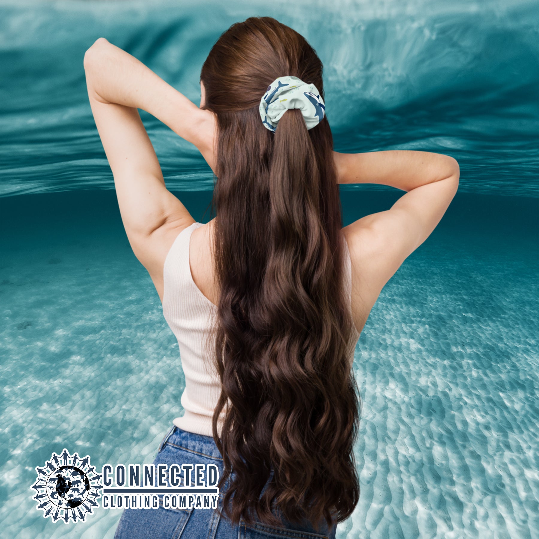 Model Wearing Shark Scrunchie in Light Color - sweetsherriloudesigns - Ethical & Sustainable Apparel - 10% donated to save the sharks
