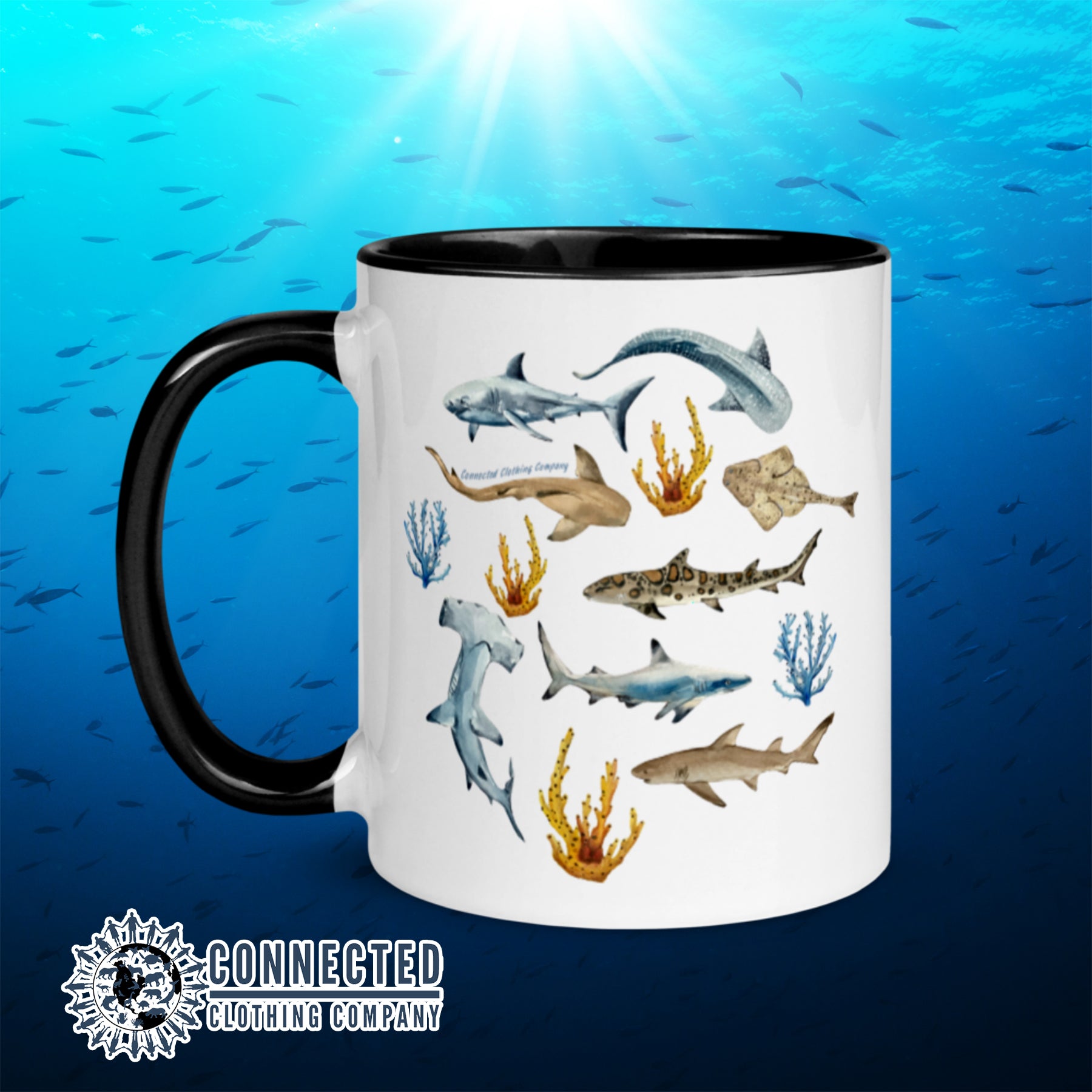 Shark Ocean Watercolor Colored Mug With Black Coloring on Inside, Rim, and Handle - sweetsherriloudesigns - Ethically and Sustainably Made - 10% donated to Oceana shark conservation