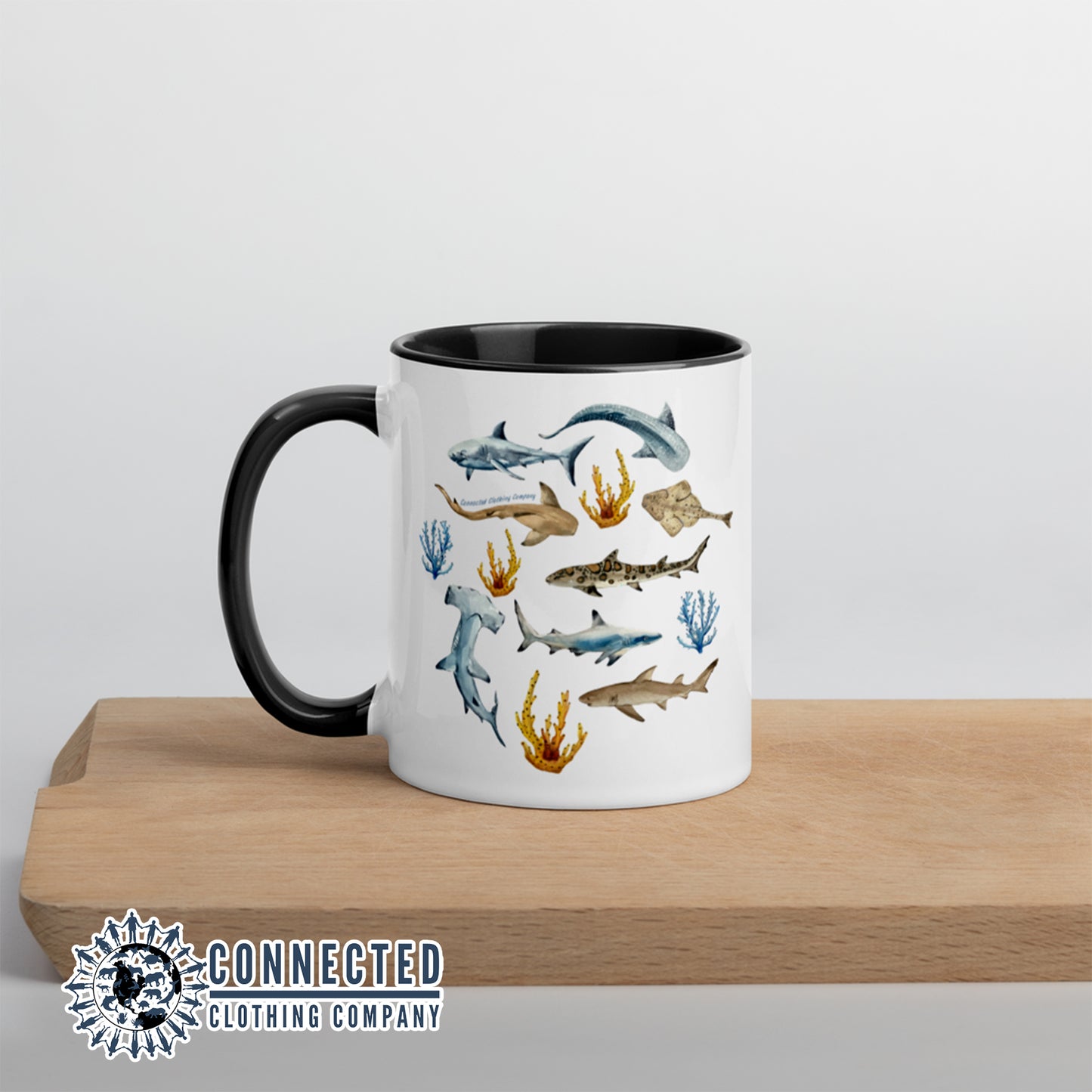 Shark Ocean Watercolor Colored Mug With Black Coloring on Inside, Rim, and Handle - sweetsherriloudesigns - Ethically and Sustainably Made - 10% donated to Oceana shark conservation