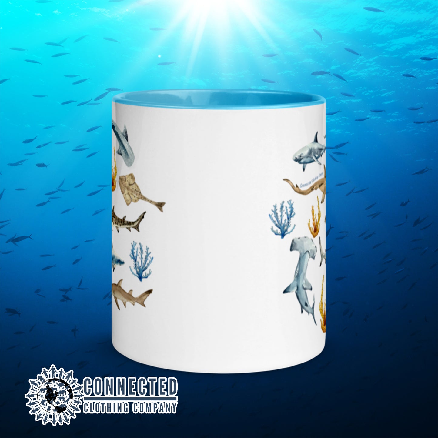 Shark Ocean Watercolor Colored Mug With Blue Coloring on Inside, Rim, and Handle - sweetsherriloudesigns - Ethically and Sustainably Made - 10% donated to Oceana shark conservation