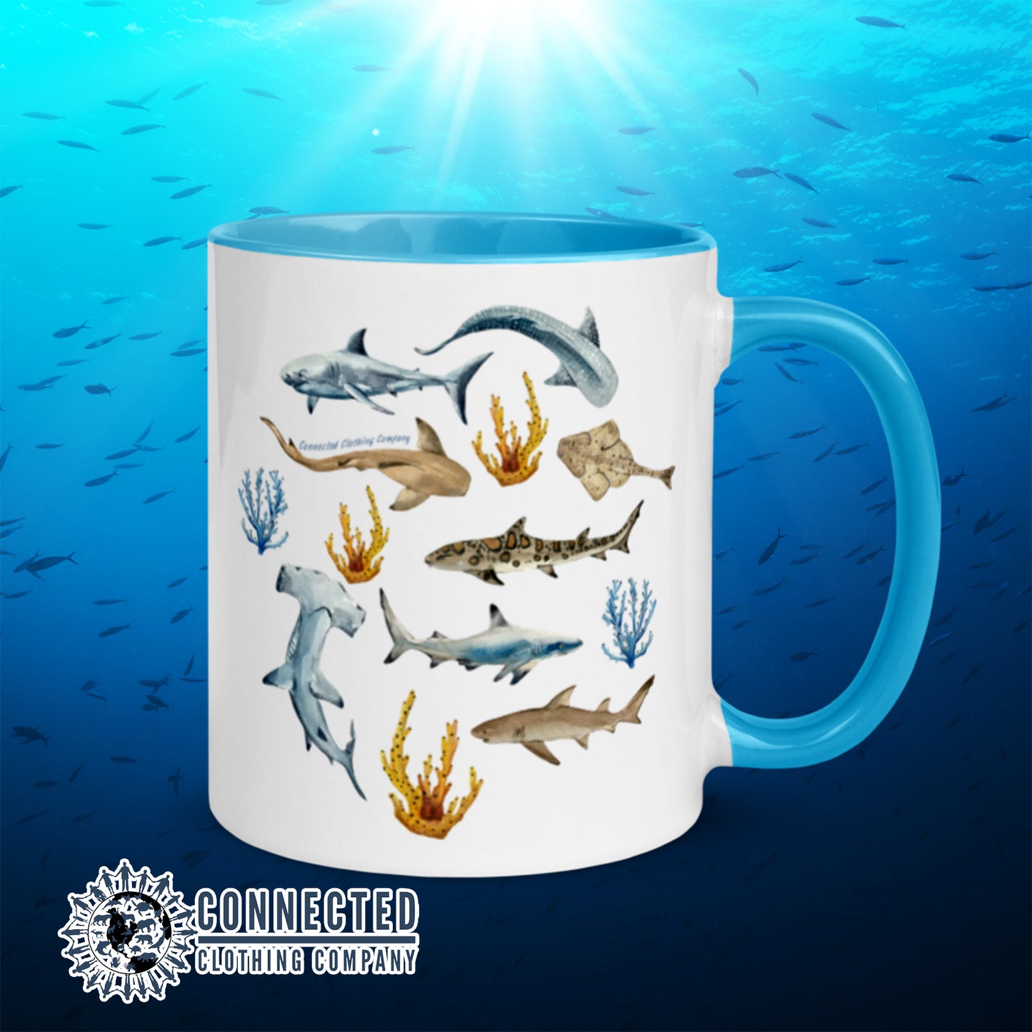 Shark Ocean Watercolor Colored Mug With Blue Coloring on Inside, Rim, and Handle - sweetsherriloudesigns - Ethically and Sustainably Made - 10% donated to Oceana shark conservation