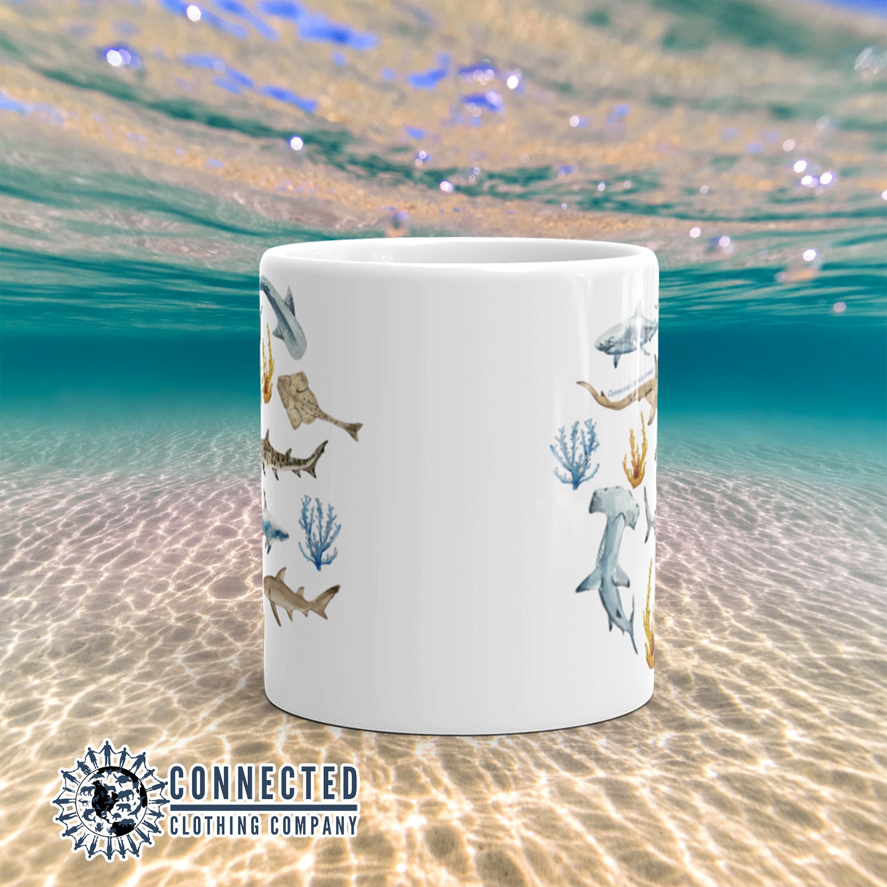 Front of White Shark Ocean Watercolor Classic Mug - sweetsherriloudesigns - Ethically and Sustainably Made - 10% of profits donated to shark conservation and ocean conservation