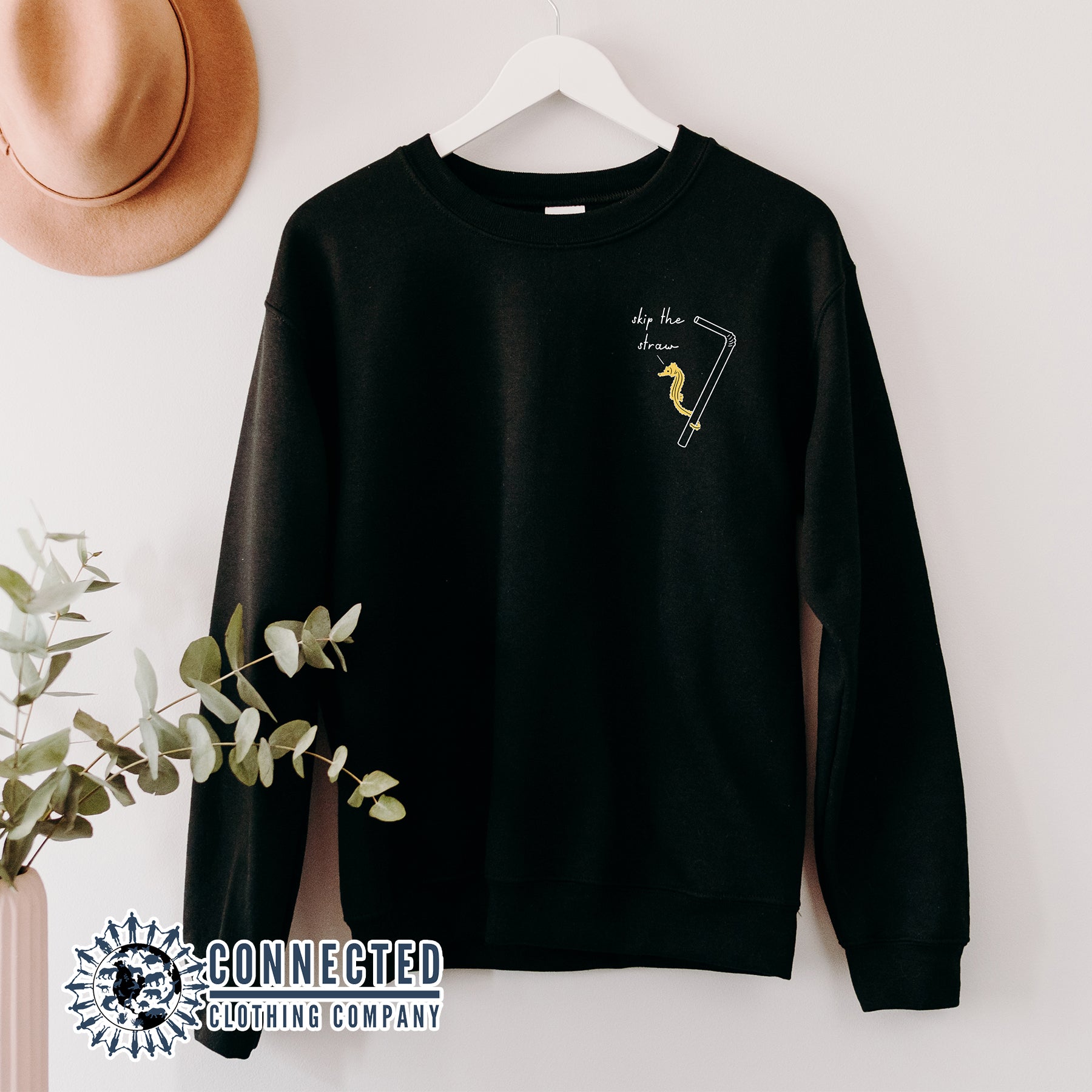 Black Skip The Straw Seahorse Tee (Seahorse holding onto straw while saying skip the straw) - sweetsherriloudesigns - Ethically and Sustainably Made - 10% donated to Mission Blue ocean conservation