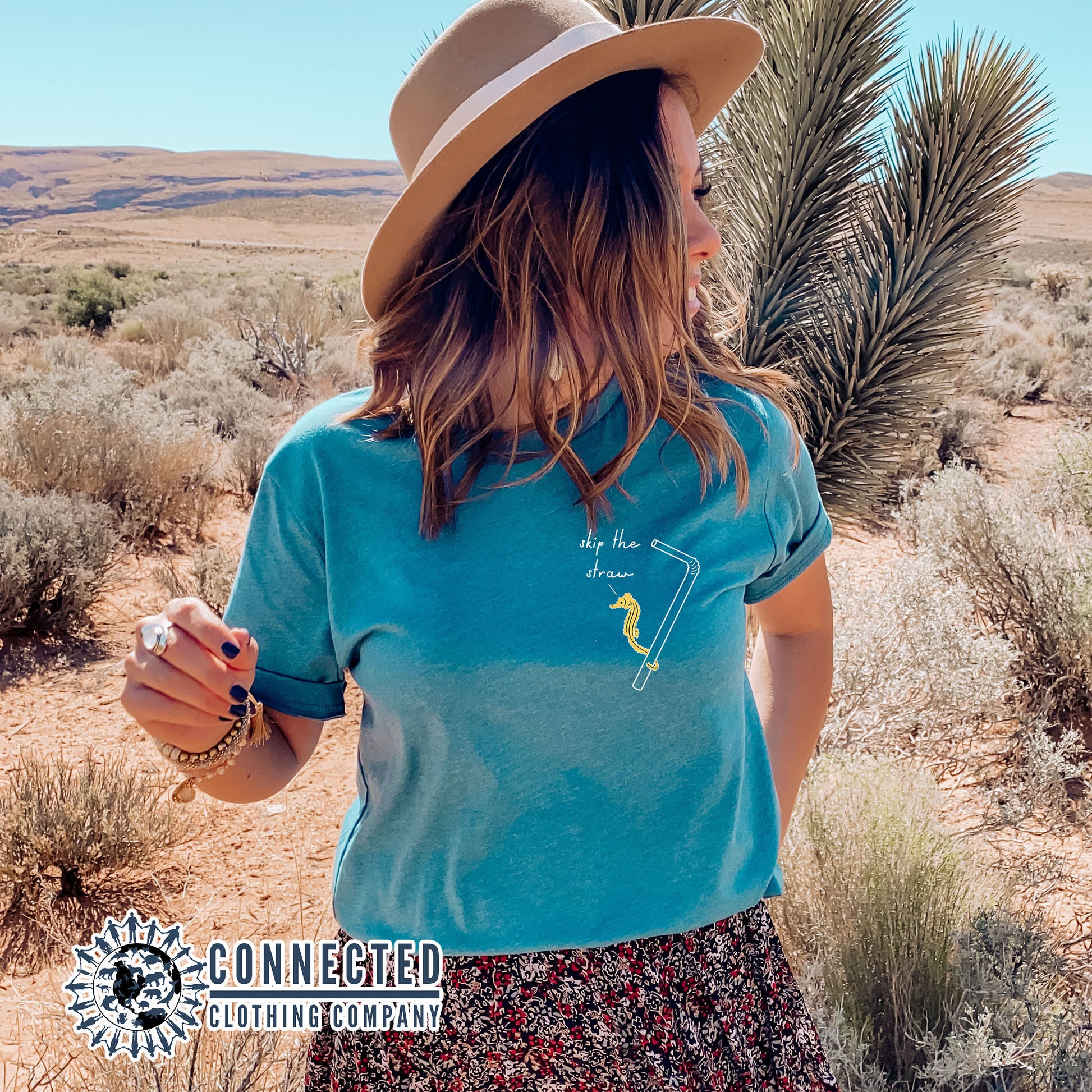 Aqua Skip The Straw Seahorse Tee (Seahorse holding onto straw while saying skip the straw) - sweetsherriloudesigns - Ethically and Sustainably Made - 10% donated to Mission Blue ocean conservation