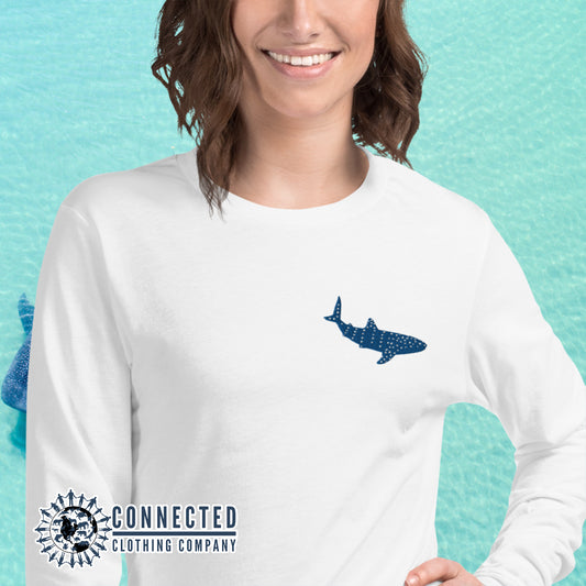 Model Wearing White Embroidered Whale Shark Long-Sleeve Shirt - sweetsherriloudesigns - Ethically and Sustainably Made - 10% of profits donated to shark conservation and ocean conservation