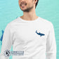 Model Wearing White Embroidered Whale Shark Long-Sleeve Shirt - sweetsherriloudesigns - Ethically and Sustainably Made - 10% of profits donated to shark conservation and ocean conservation