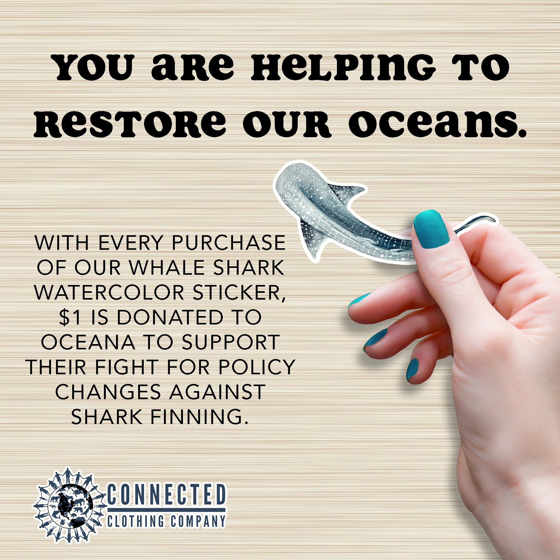 Hand Holding Whale Shark Watercolor Sticker - "You are helping to restore our oceans. With every purchase of our whale shark watercolor sticker, $1 is donated to oceana to support their fight for policy changes against shark finning." - sweetsherriloudesigns - Ethical and Sustainable Apparel - portion of profits donated to shark conservation
