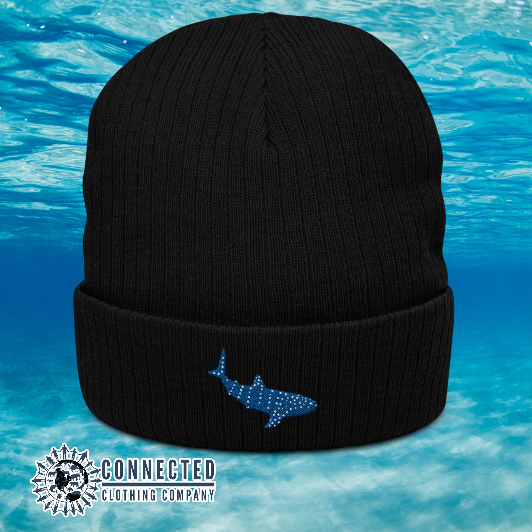 Black Whale Shark Recycled Cuffed Beanie - sweetsherriloudesigns - Ethically and Sustainably Made - 10% donated to Mission Blue ocean conservation