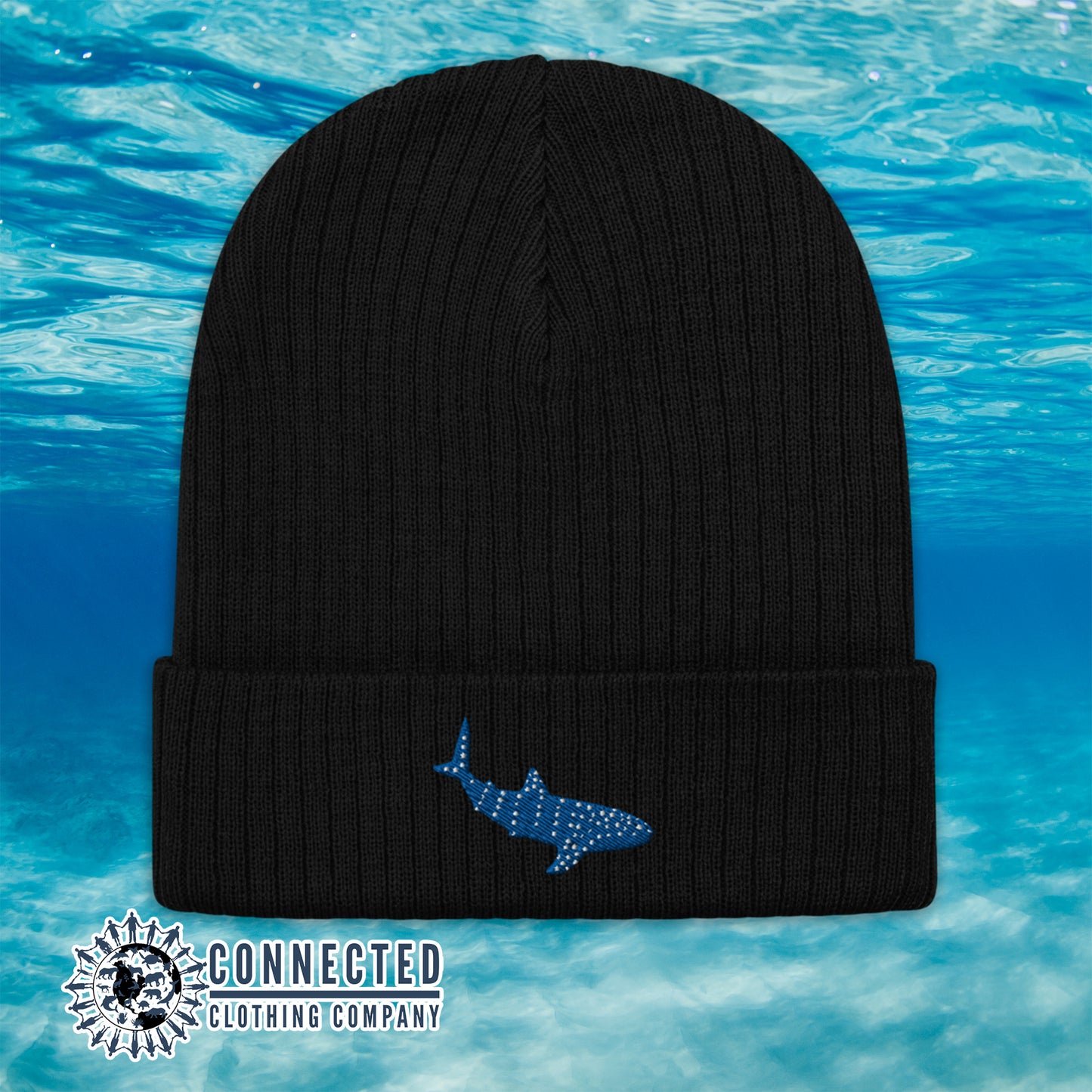 Black Whale Shark Embroidered Recycled Cuffed Beanie - sweetsherriloudesigns - Ethically and Sustainably Made - 10% donated to Mission Blue ocean conservation