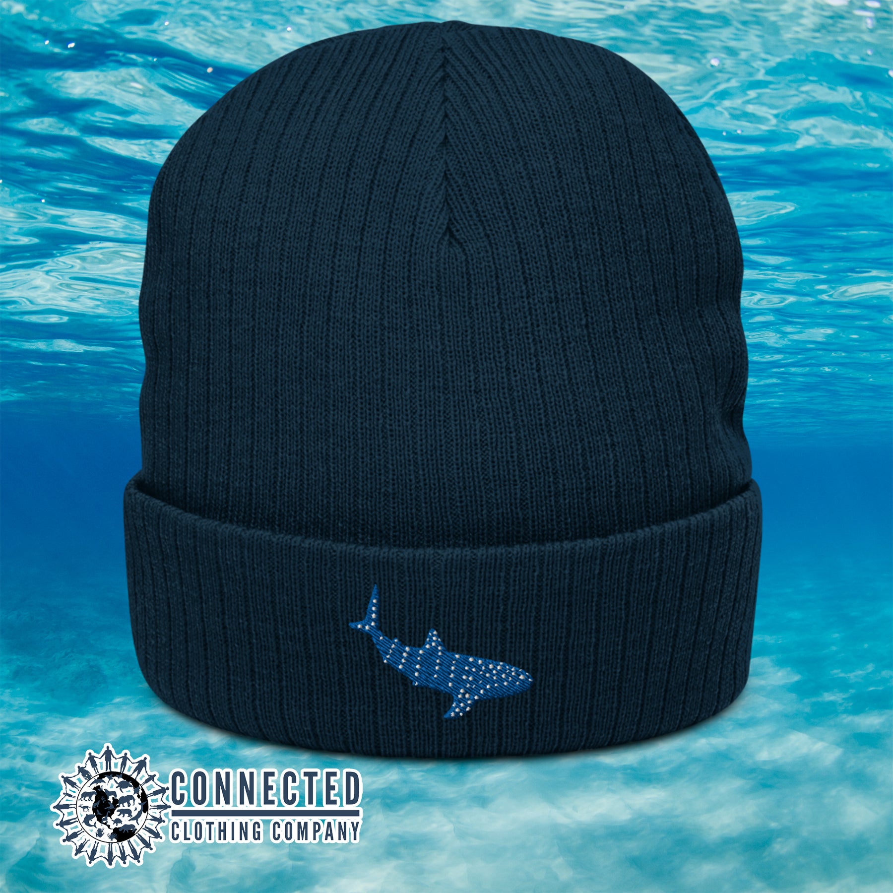 Navy Whale Shark Embroidered Recycled Cuffed Beanie - sweetsherriloudesigns - Ethically and Sustainably Made - 10% donated to Mission Blue ocean conservation