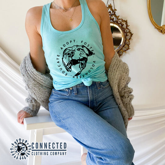 Model Wearing Tahiti Blue Respect Foster Volunteer Educate Women's Tank Top - nighttidemetalworks - Ethically and Sustainably Made - 10% of profits donated to the SPCA animal rescue humane society