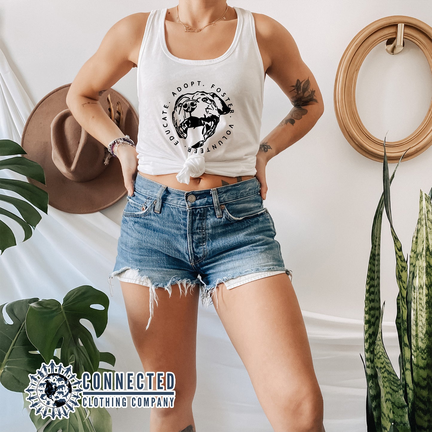 Model Wearing White Respect Foster Volunteer Educate Women's Tank Top - sweetsherriloudesigns - Ethically and Sustainably Made - 10% of profits donated to the SPCA animal rescue humane society