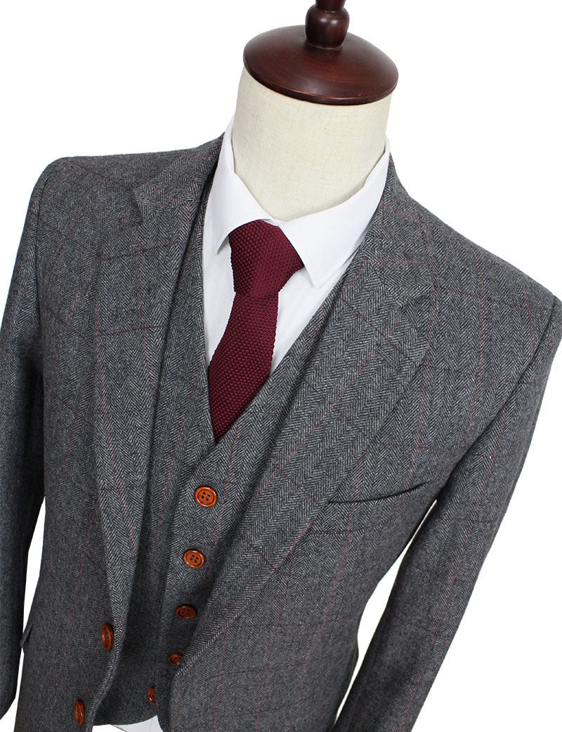 2016 Wool Retro Grey Herringbone Tweed British style custom made Mens suit tailor slim fit Blazer wedding suits for men 3 piece