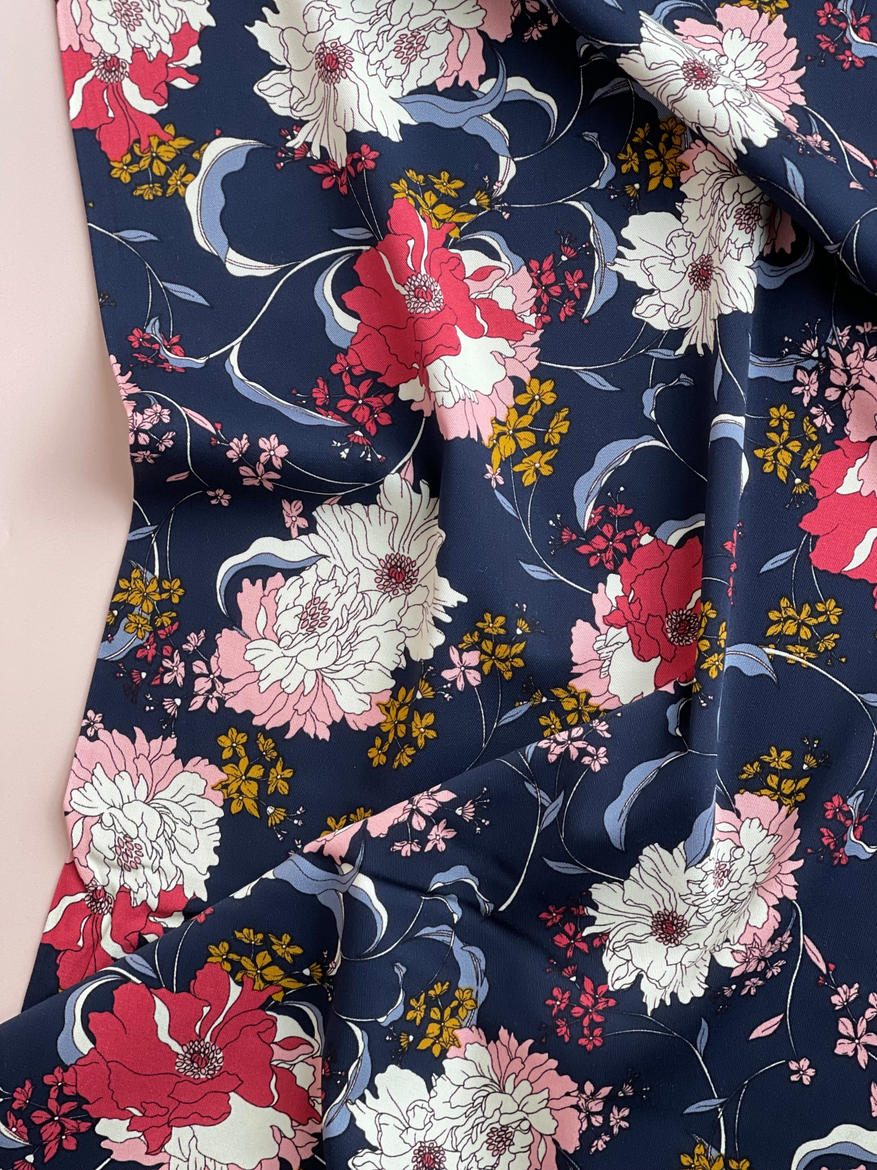 Rosella Peonies Navy Stretch Viscose Twill Fabric