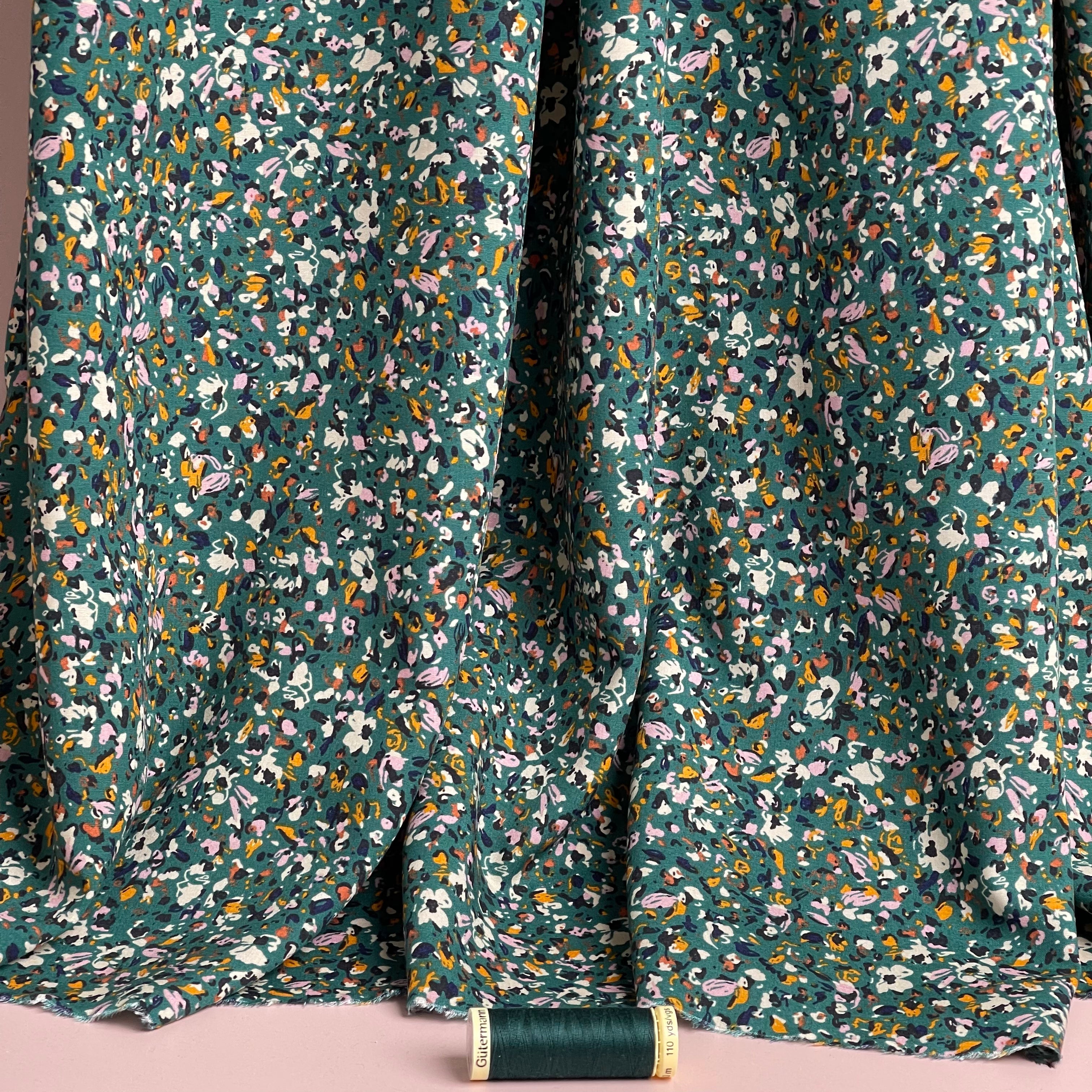 Abstract Field Green Viscose Fabric