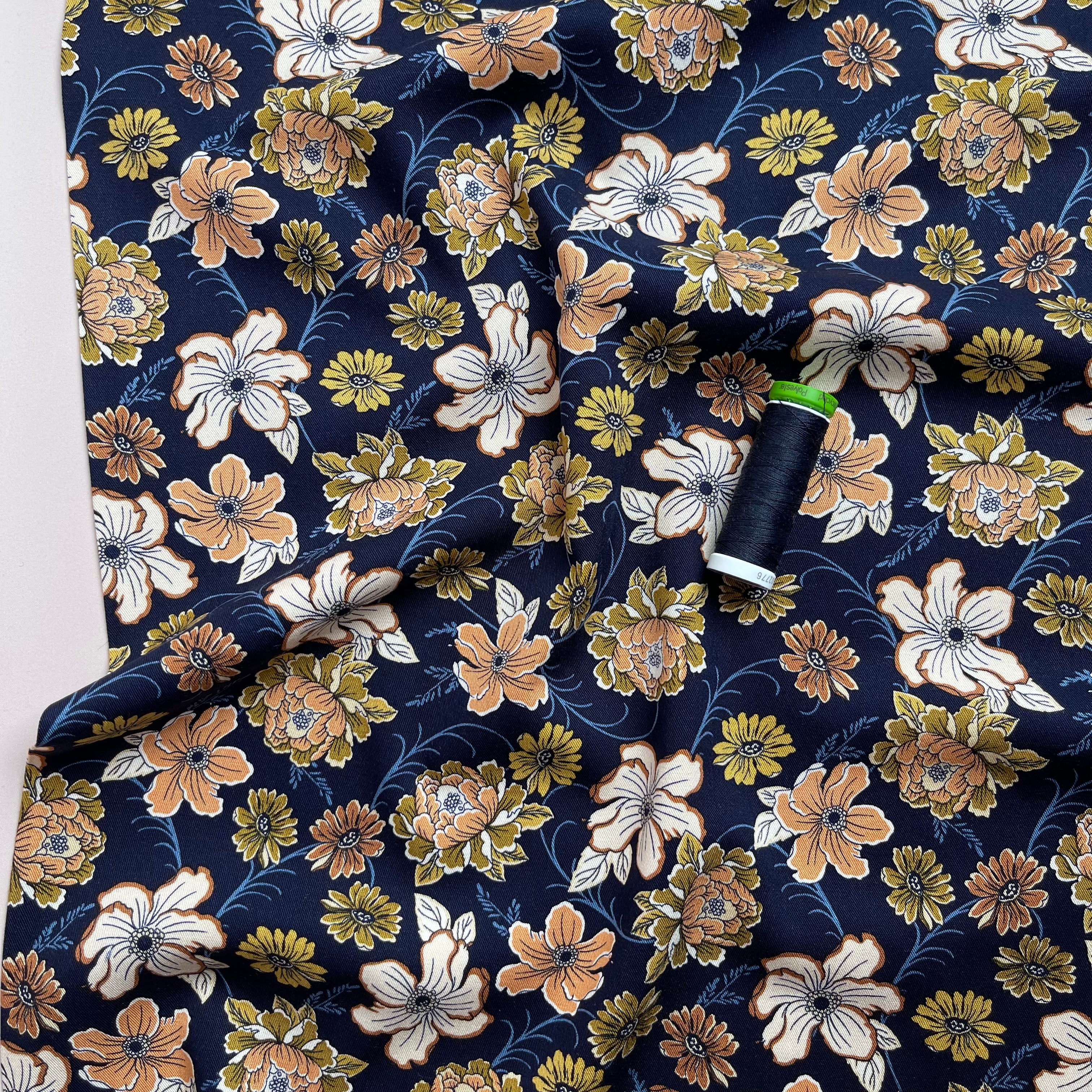 Rosella Blooms Navy Stretch Viscose Twill