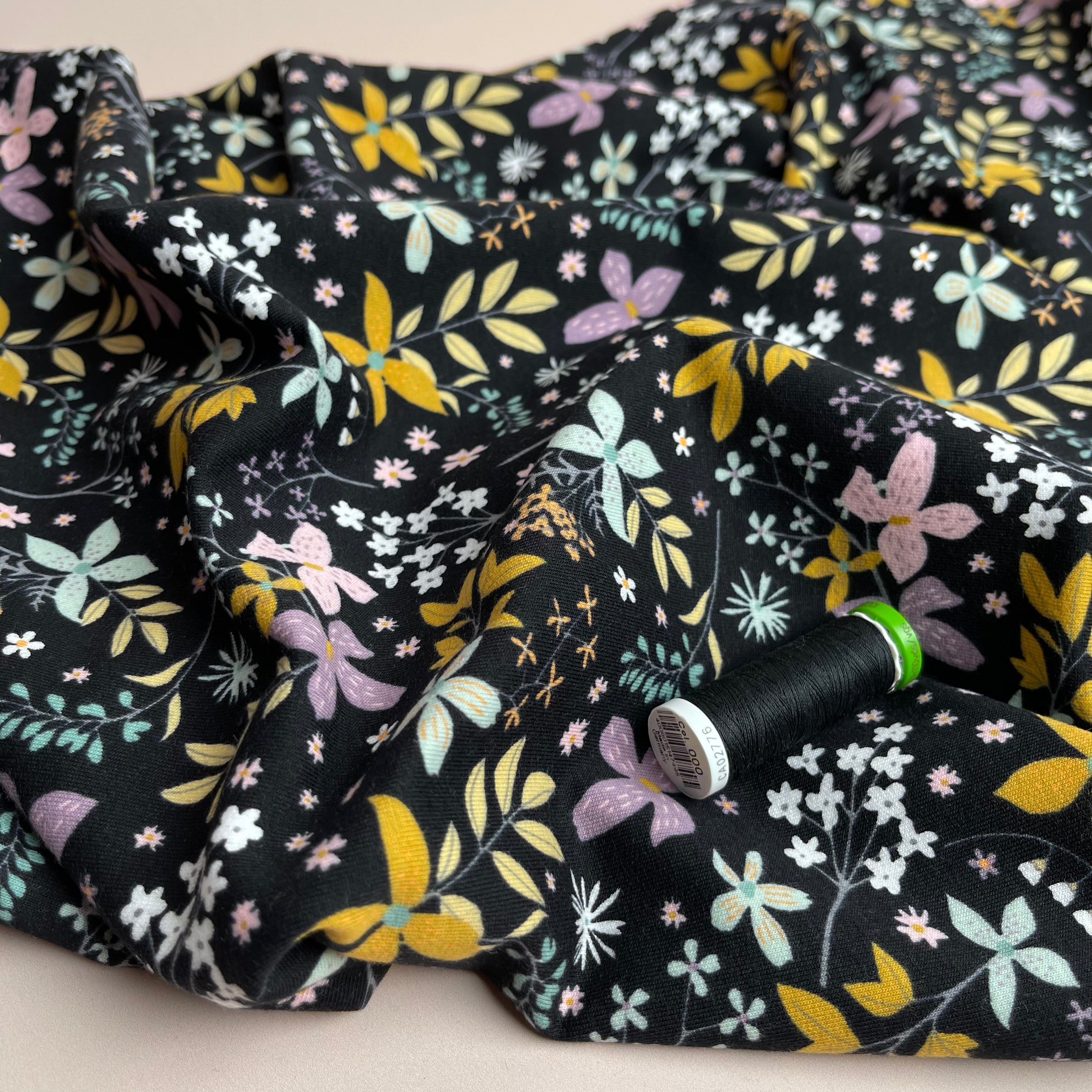 Flowers in Black Cotton French Terry Fabric