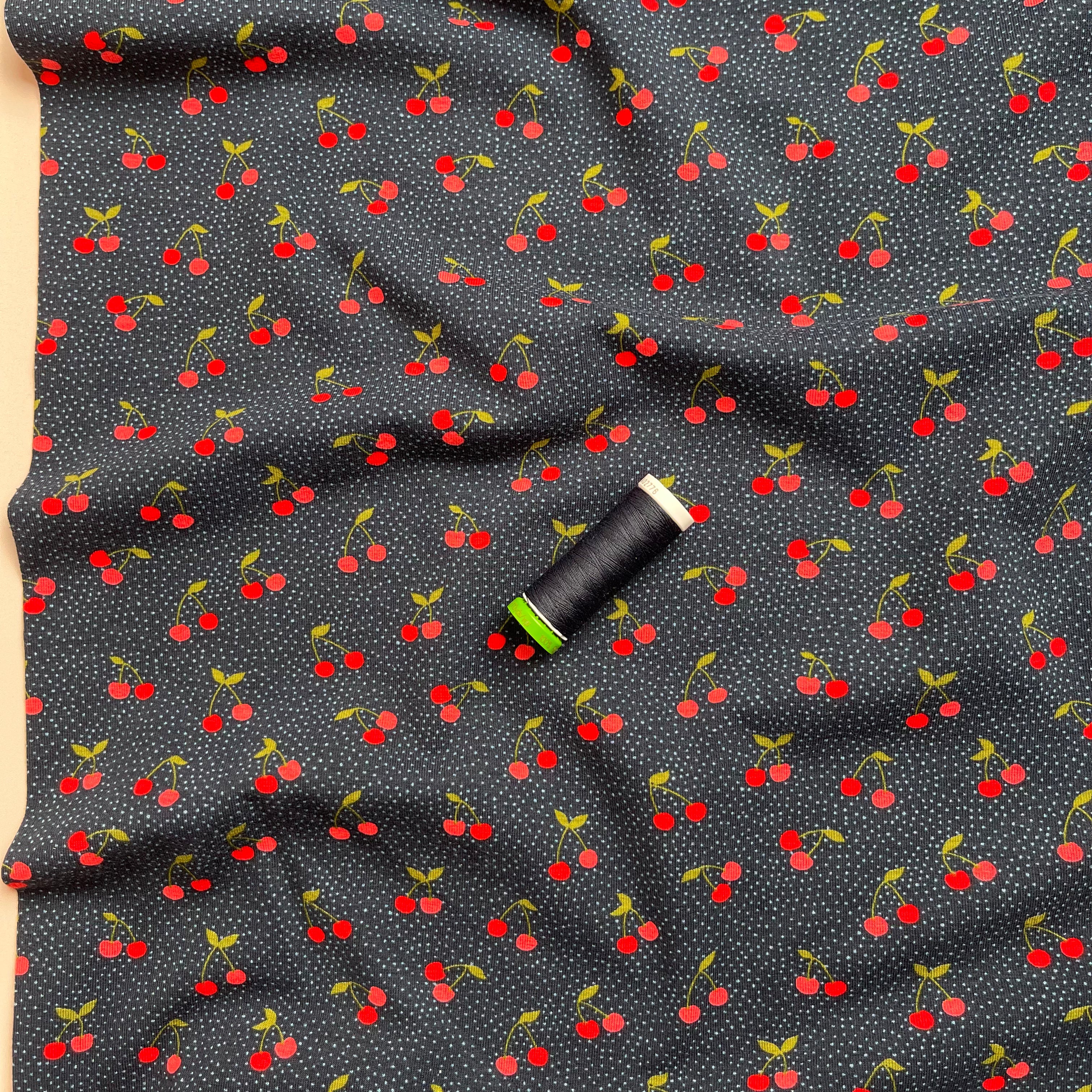 Cherries and Dots in Navy Cotton Jersey Fabric